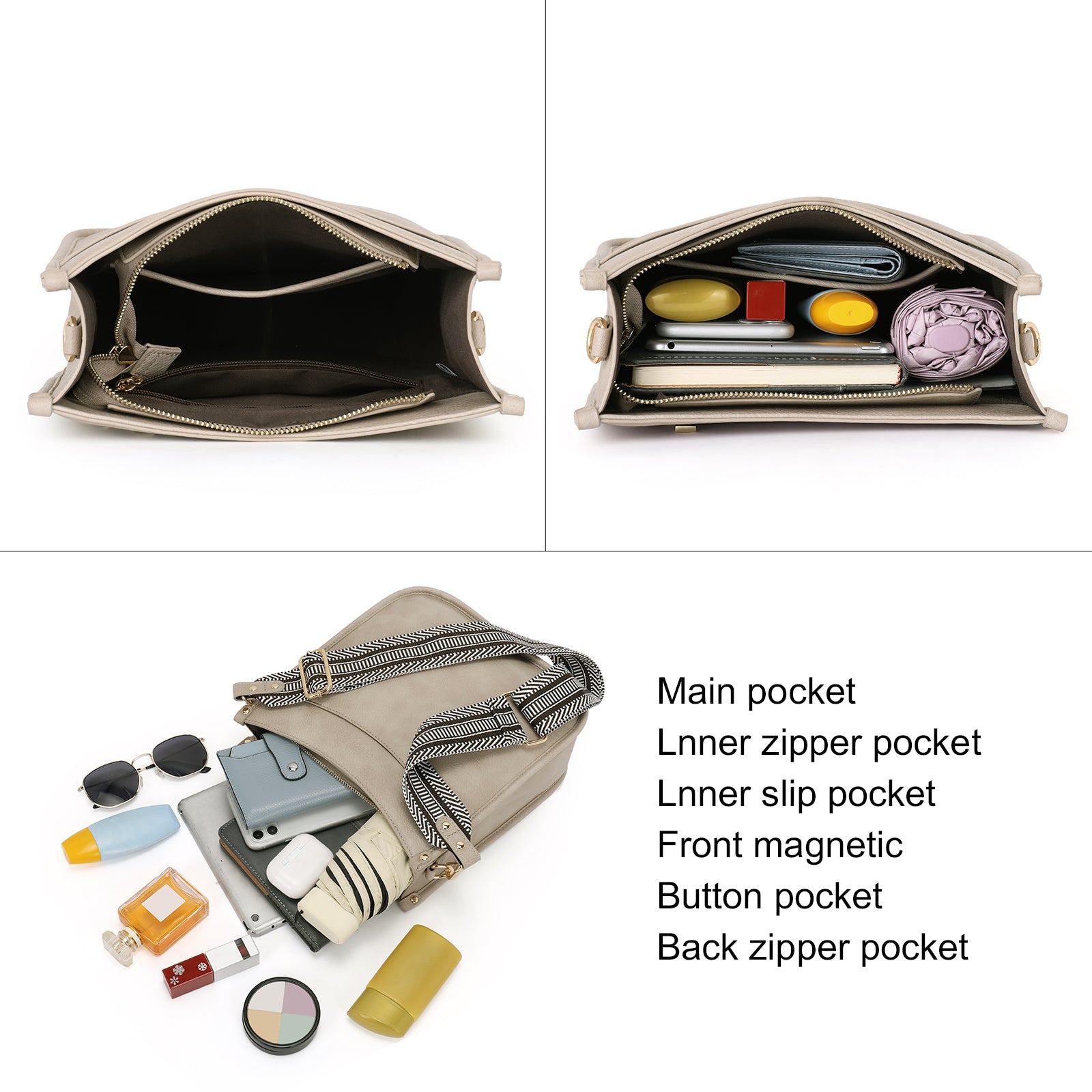 Stylish 2pcs Medium Hobo handbag and Crossbody Bag with 2 Adjust Guitar Strap