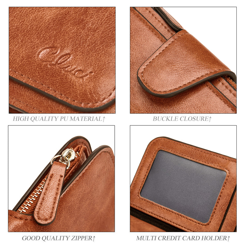 CLUCI Women Wallet Leather RFID Blocking Designer Trifold Card Holder Ladies Clutch with ID Window