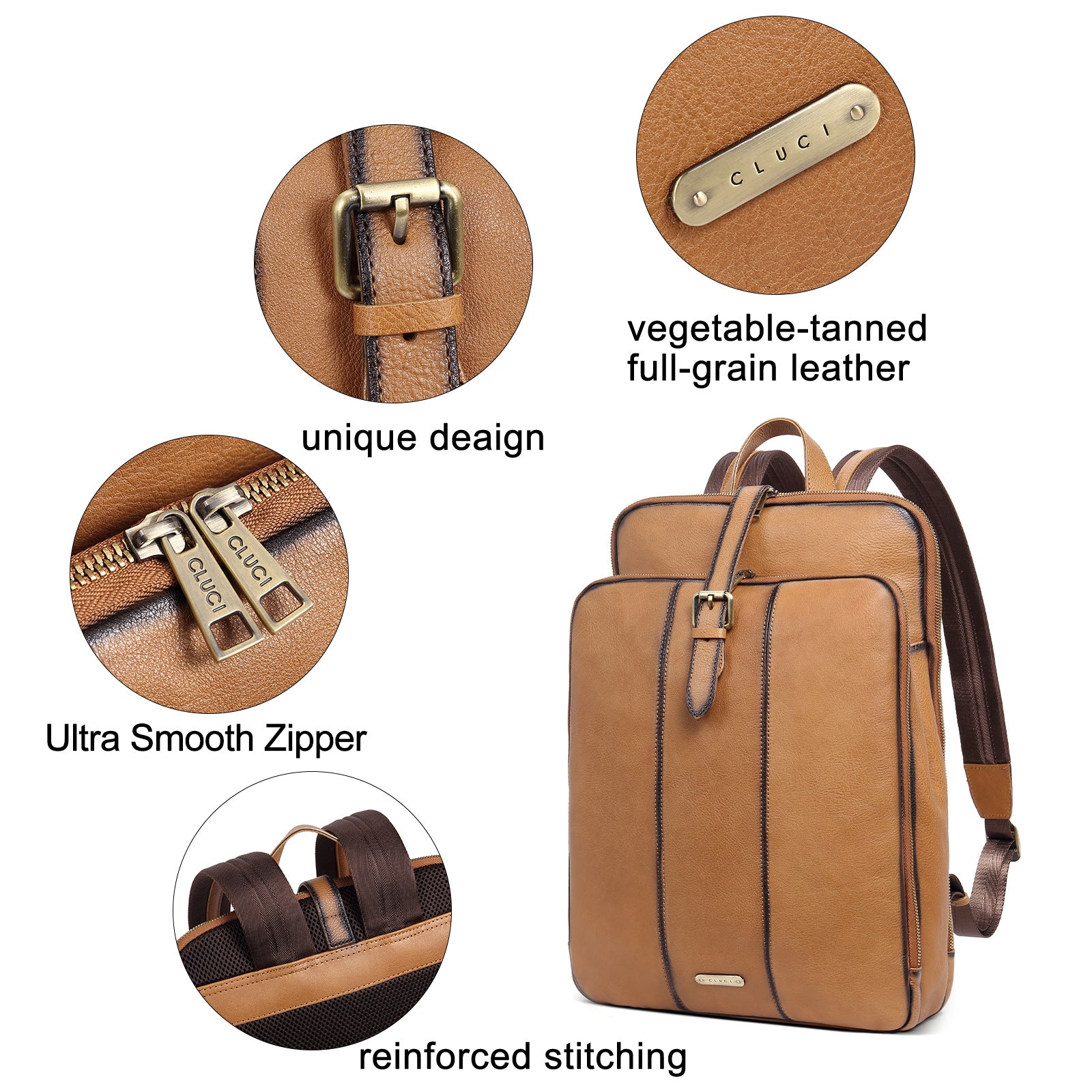 CLUCI Leather Laptop Backpack for Women Vegetable Tanned Full Grain Leather 15.6 inch Computer Bag Travel Business Daypack