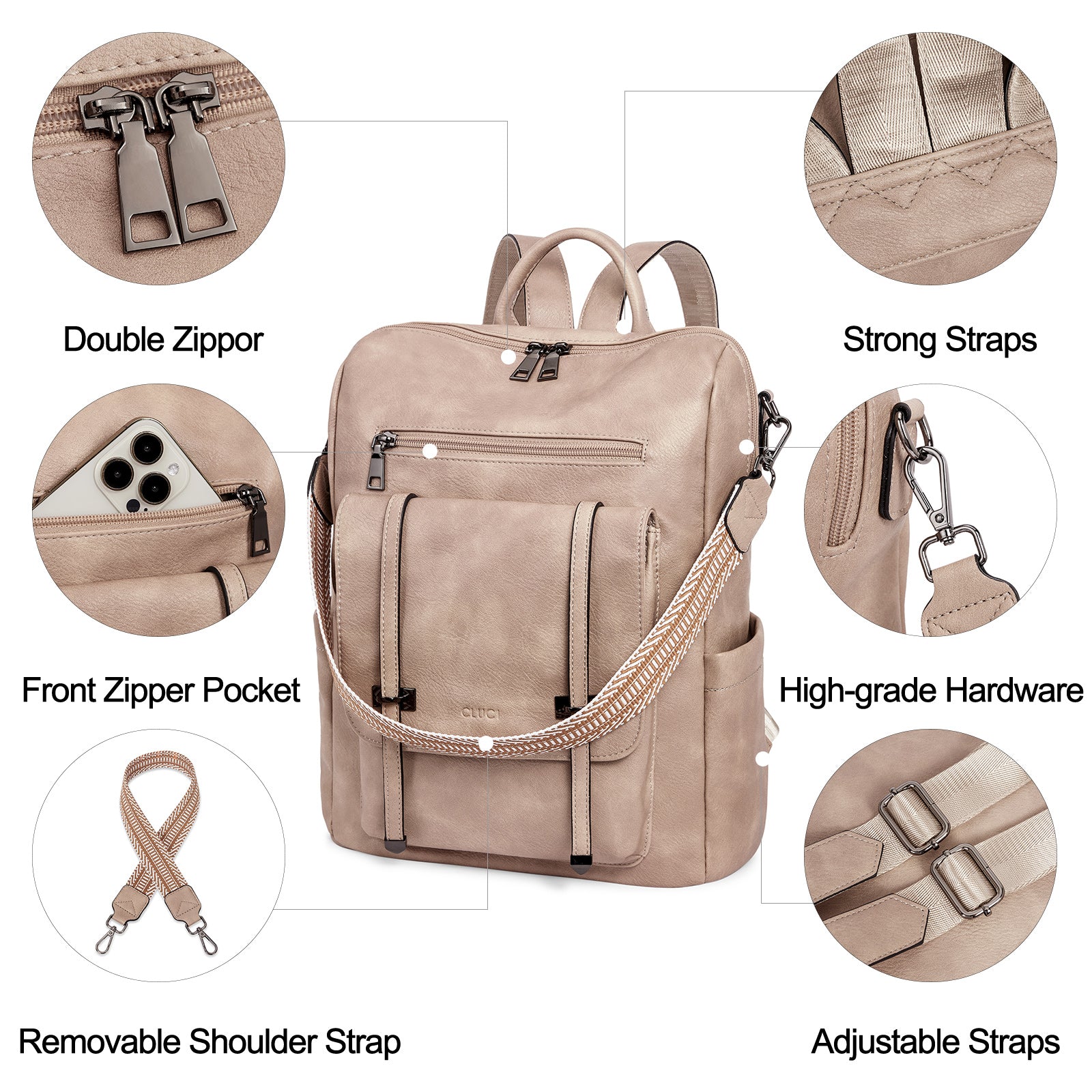 CLUCI Backpack Purse for Women Leather Backpack Purse Travel Fashion Convertible Designer Ladies Shoulder Bags