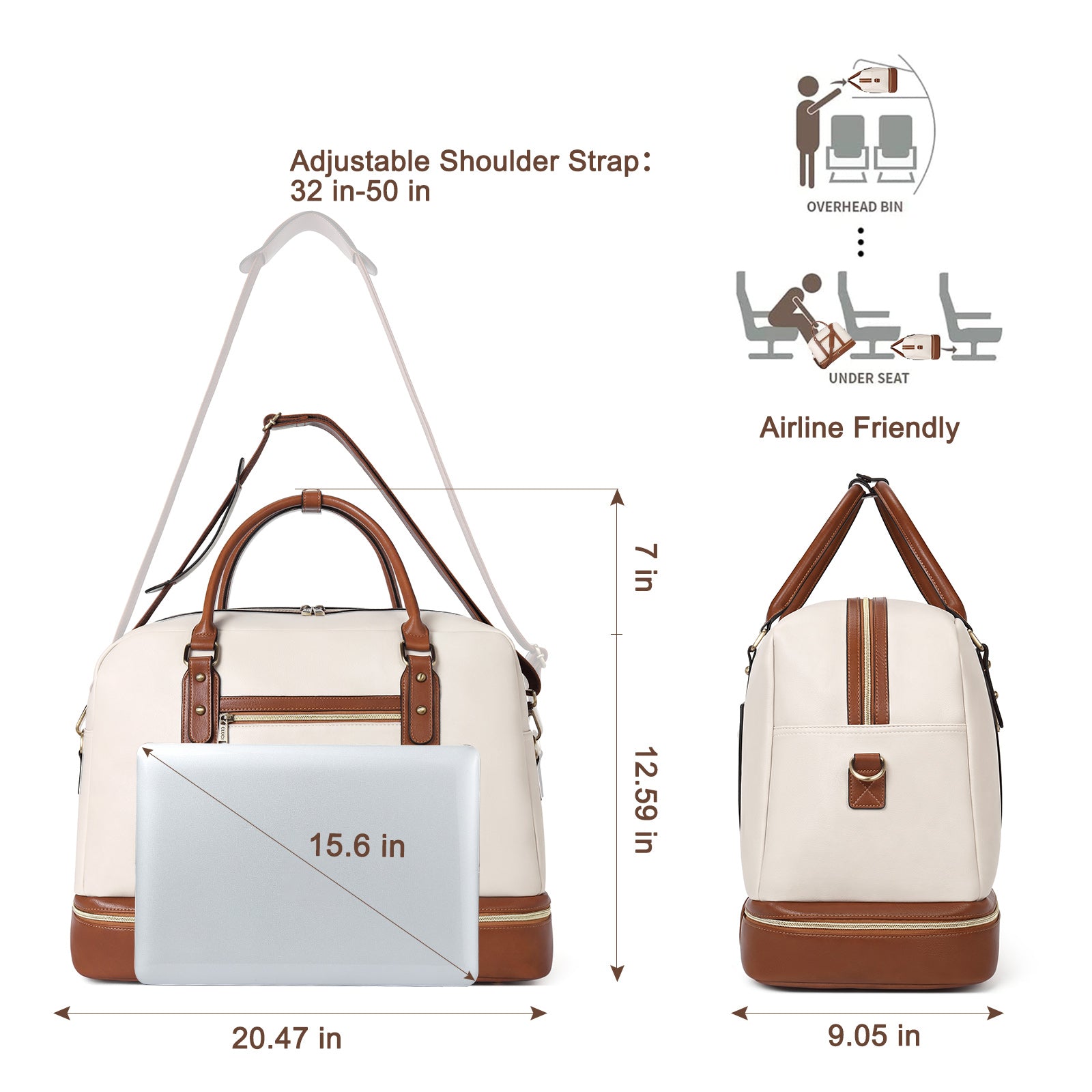 CLUCI Weekender Bag for Women Travel Leather Duffel Bag Carry on Overnight Bag Beige with Brown