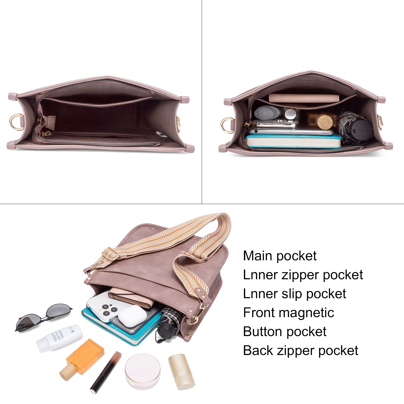 Stylish 2pcs Medium Hobo handbag and Crossbody Bag with 2 Adjust Guitar Strap