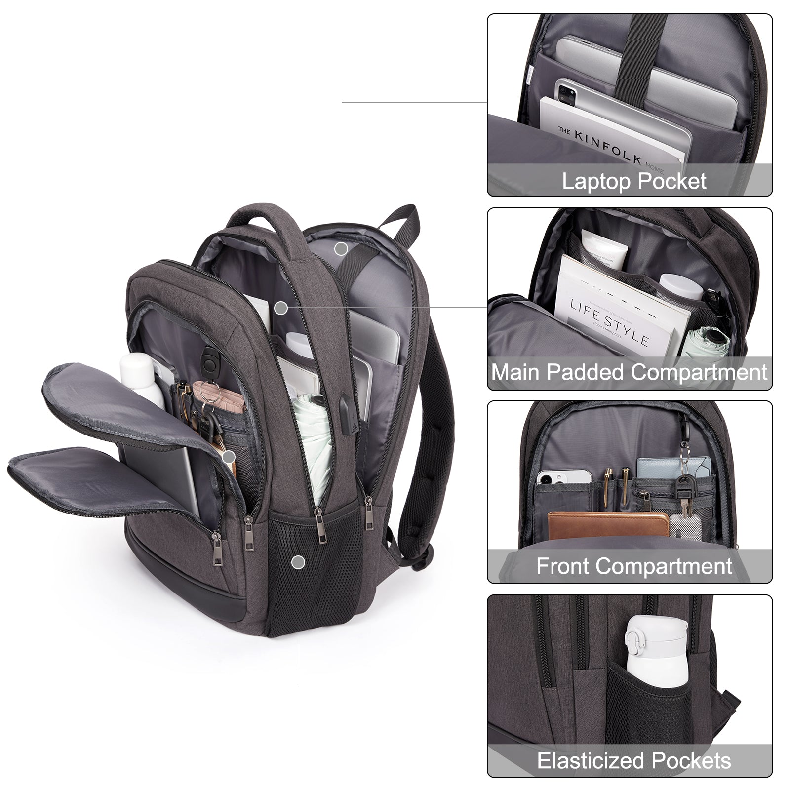 CLUCI Laptop School Backpack Water Resistant for Travel Work Fits 15.6" Laptop Business Computer with USB Charging Port