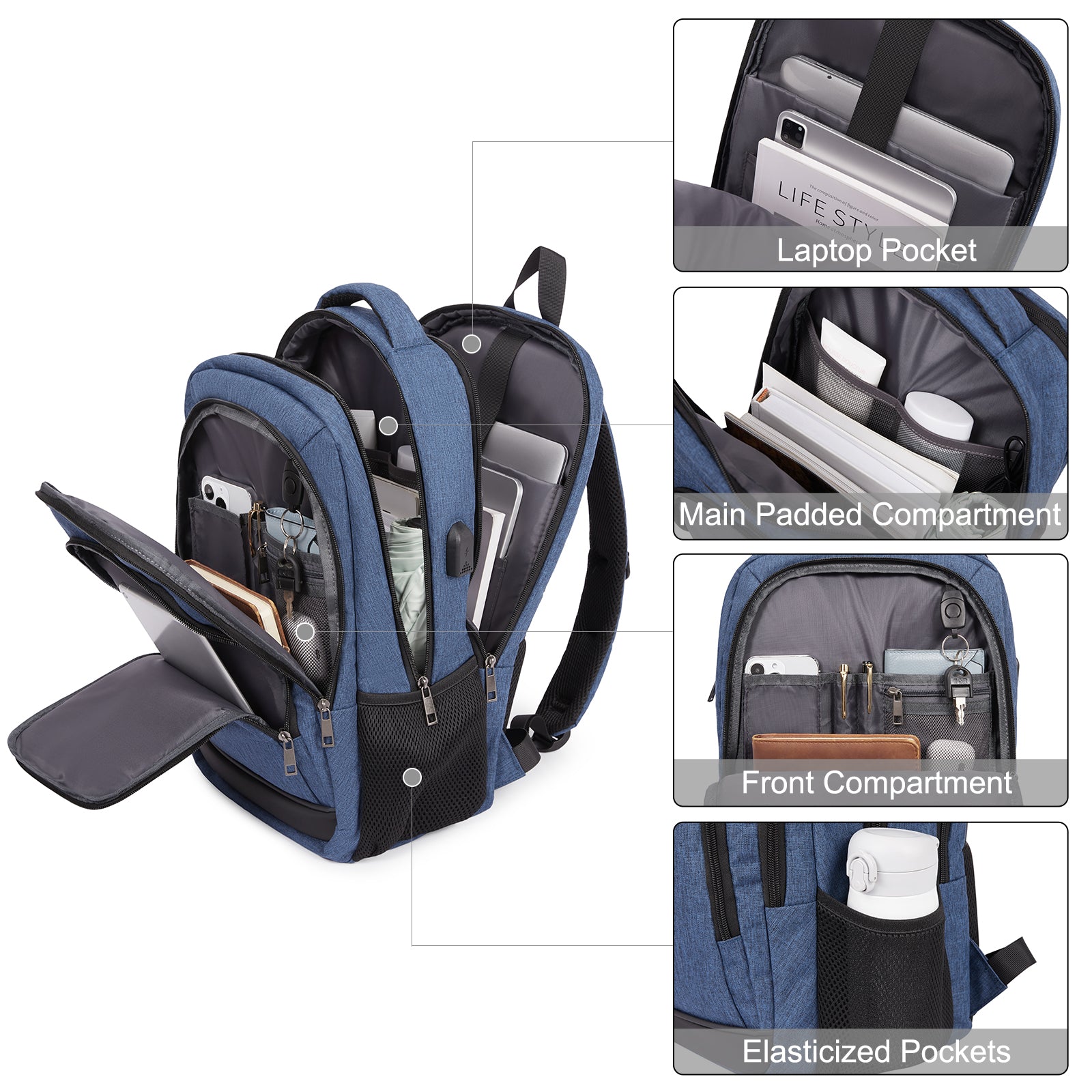 CLUCI Laptop School Backpack Water Resistant for Travel Work Fits 15.6" Laptop Business Computer with USB Charging Port