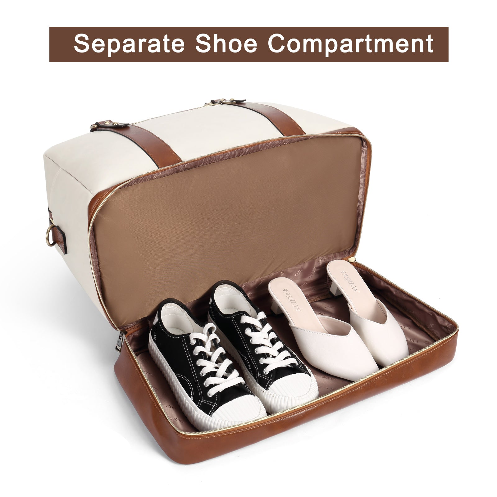 CLUCI Weekender Bag for Women Travel Leather Duffel Bag Carry on Overnight Bag Beige with Brown