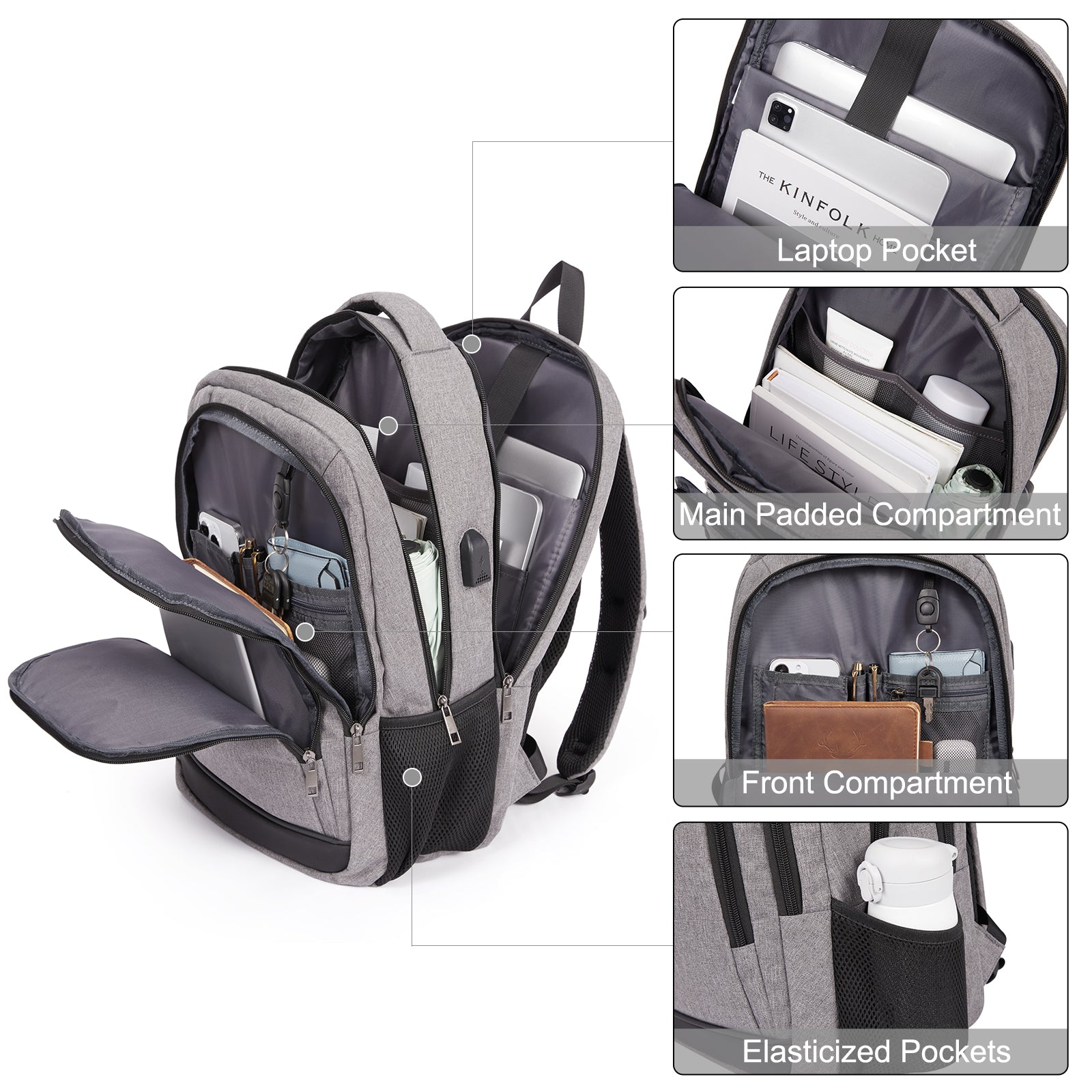 CLUCI Laptop School Backpack Water Resistant for Travel Work Fits 15.6" Laptop Business Computer with USB Charging Port