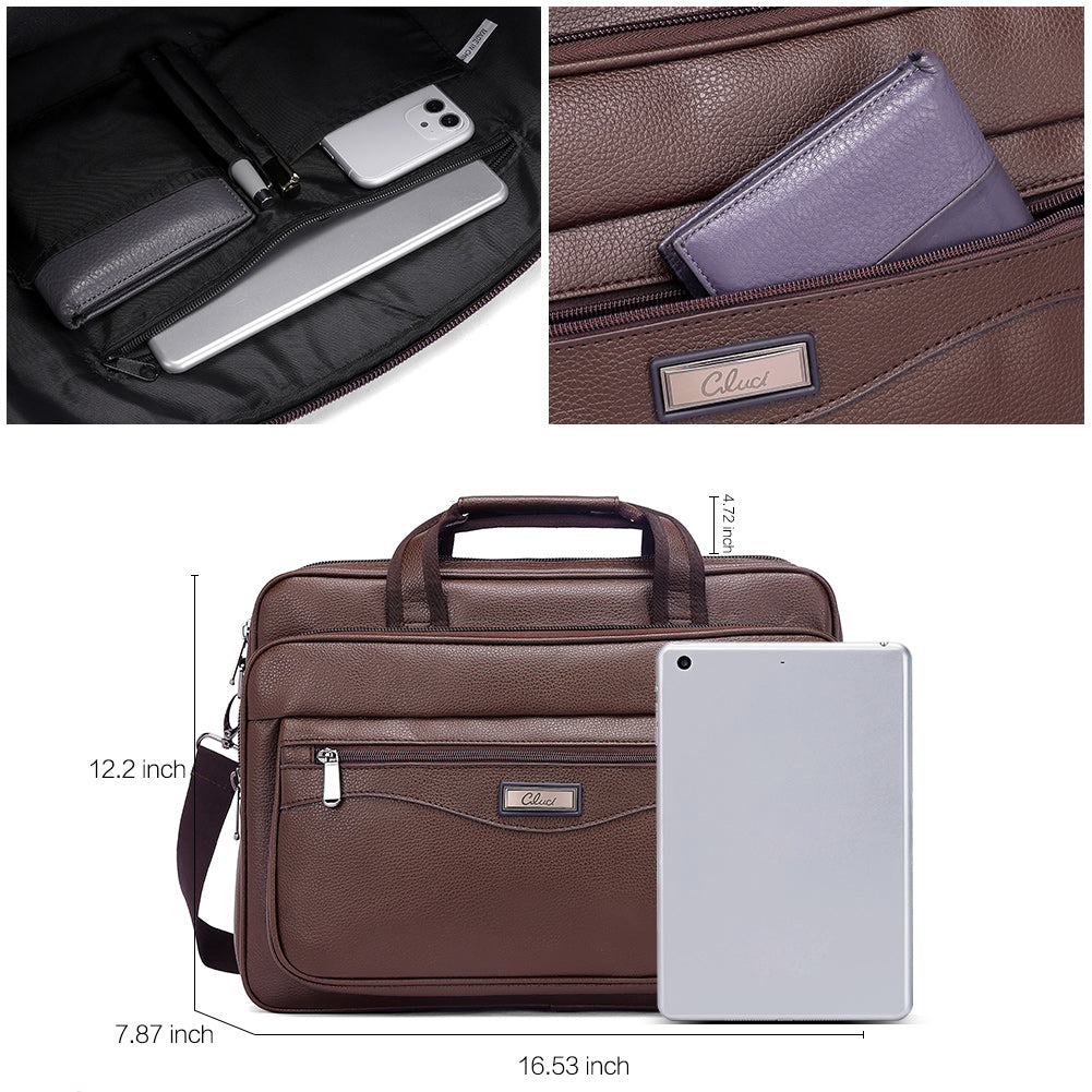 Cluci Leather Briefcase For Men Large Capacity 15.6 Inch Laptop Business Travel Shoulder Bag
