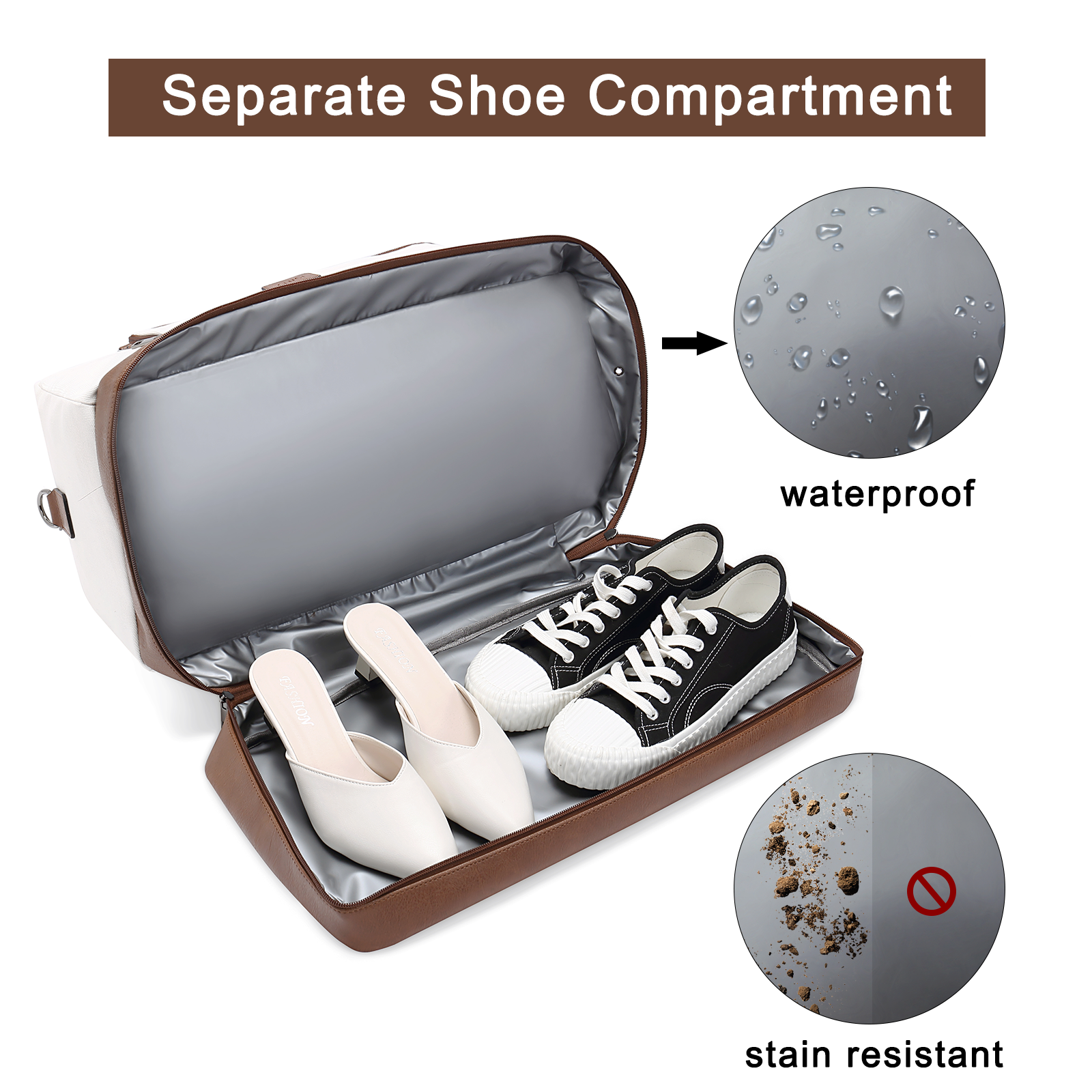 CLUCI Weekender Bags for Women Canvas Duffle Bag Travel Overnight Bags Carry On Tote with Shoe Compartment Beige with Brown