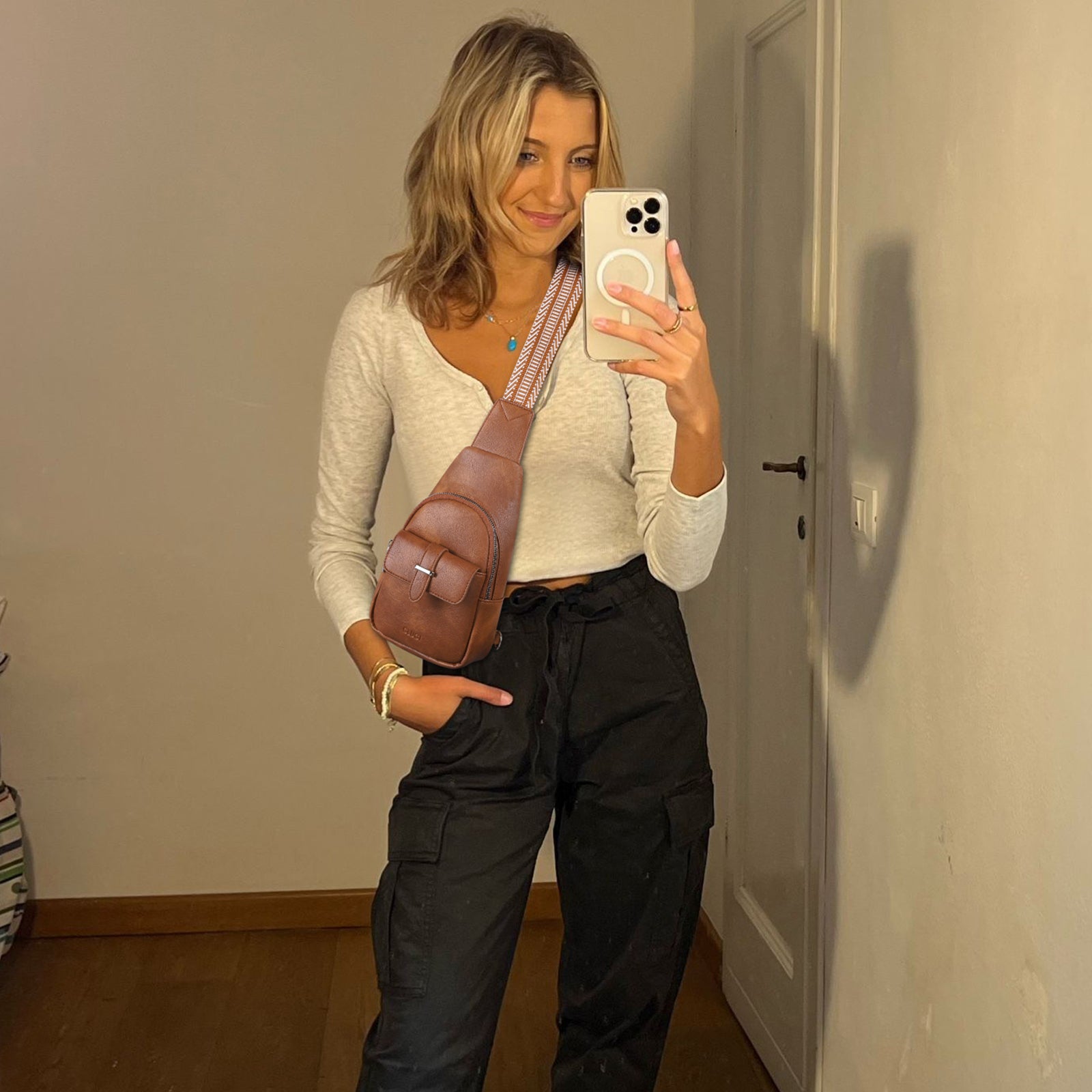 CLUCI Small Faux Leather Sling Bag Fashion Waist Packs with Guitar Strap for Women