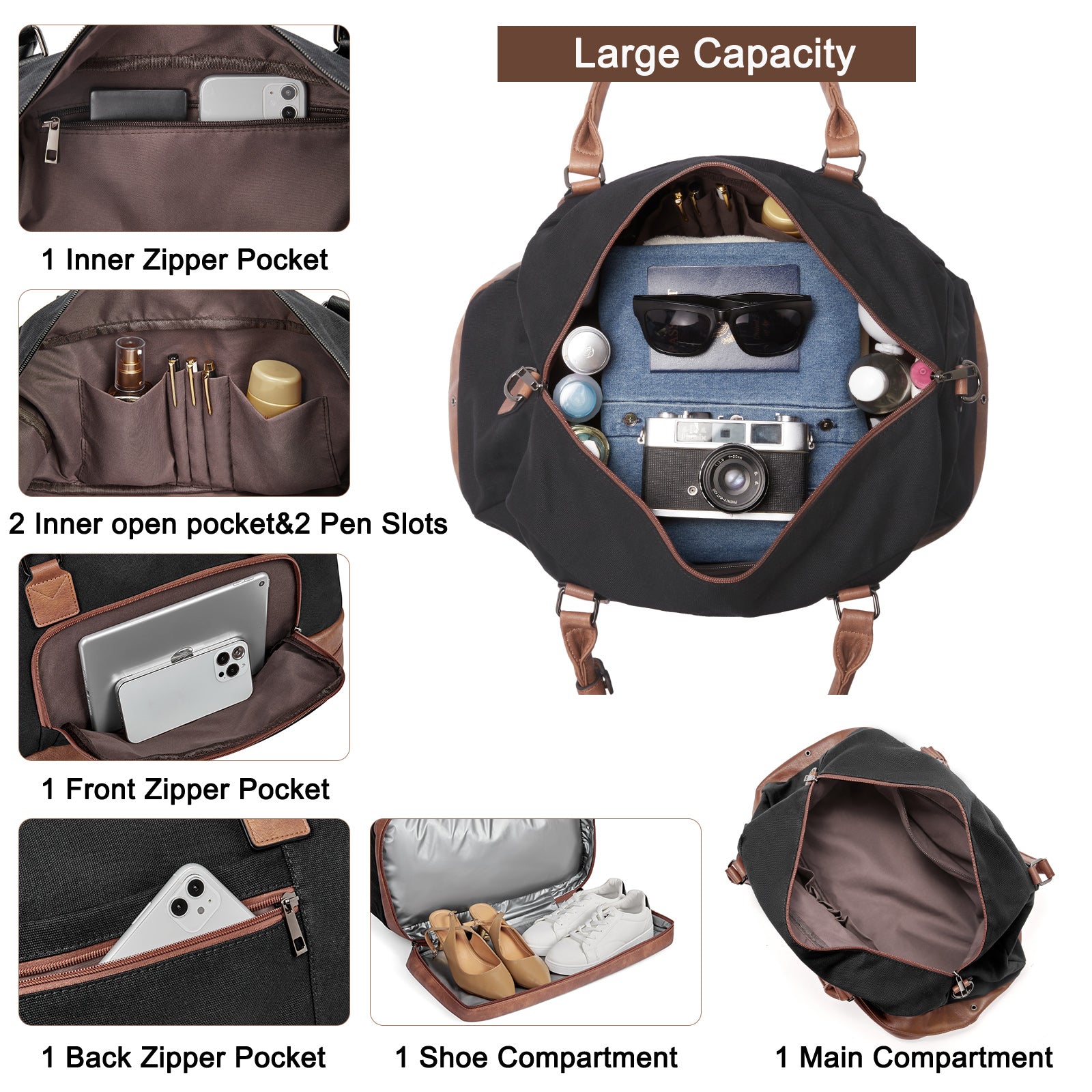 CLUCI Weekender Bags for Women Canvas Duffle Bag Travel Overnight Bags Carry On Tote with Shoe Compartment Beige with Brown