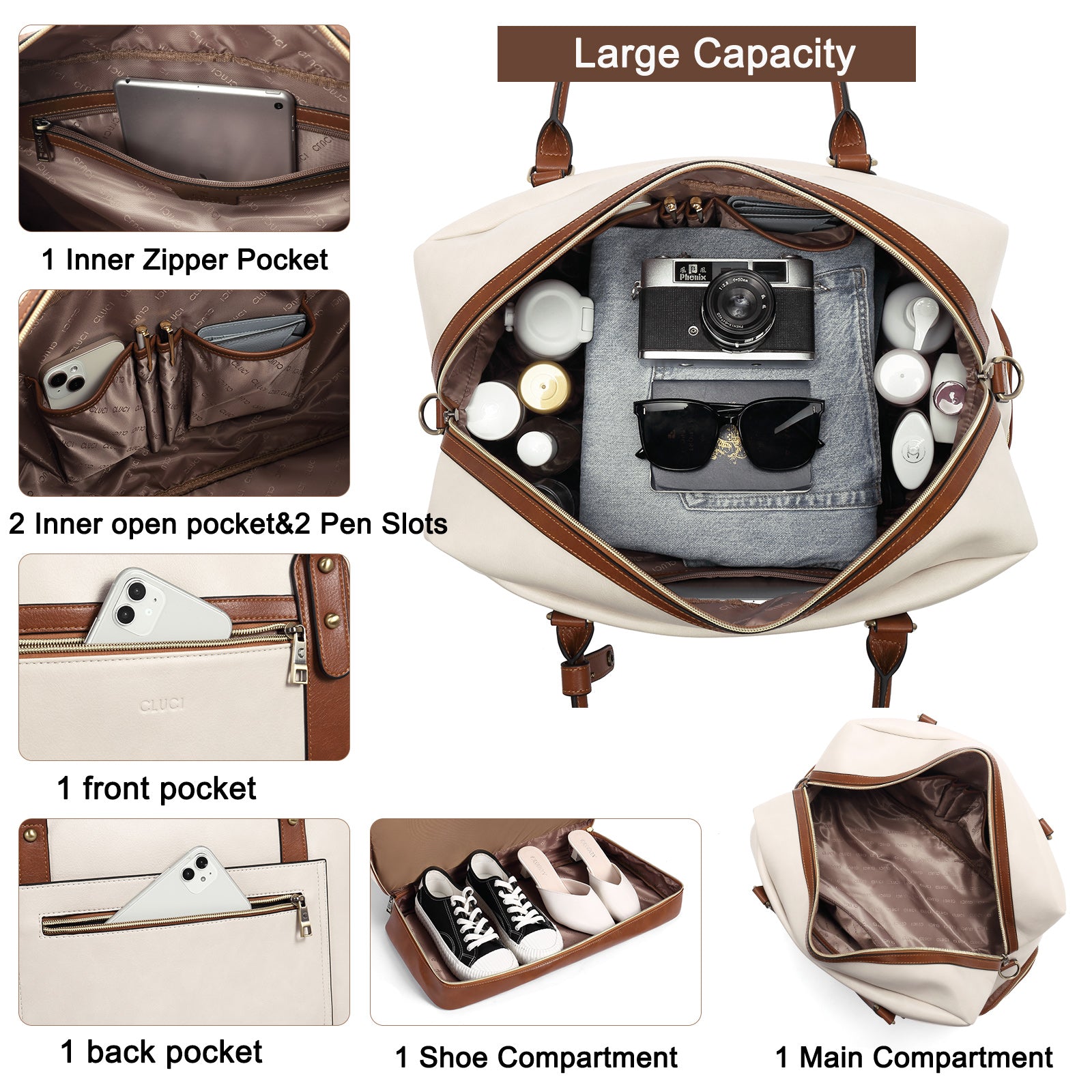 CLUCI Weekender Bag for Women Travel Leather Duffel Bag Carry on Overnight Bag Beige with Brown