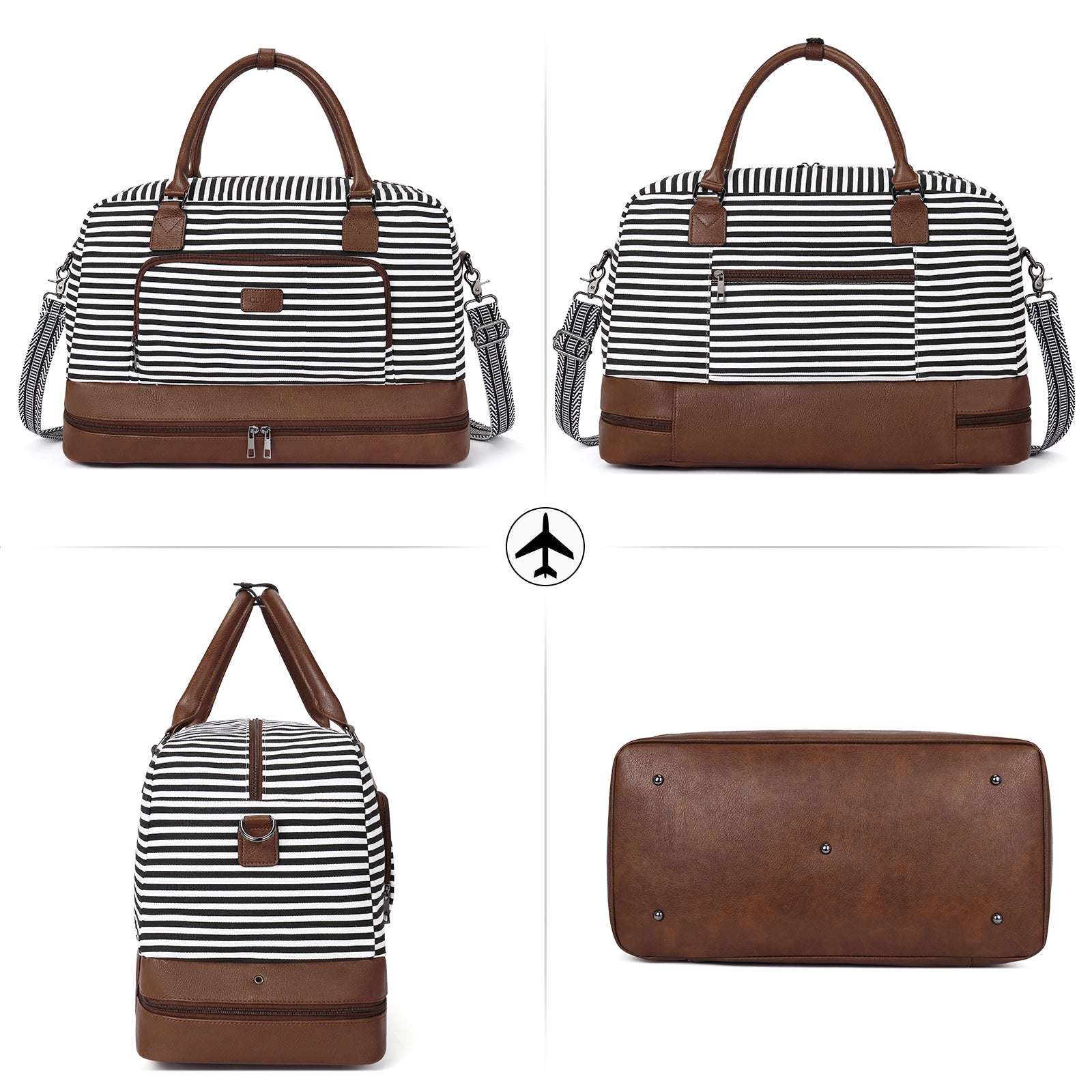 CLUCI Weekender Bags for Women Canvas Duffle Bag Travel Overnight Bags Carry On Tote with Shoe Compartment Beige with Brown