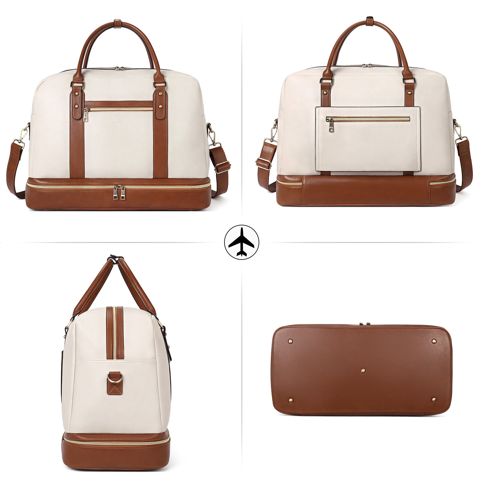 CLUCI Weekender Bag for Women Travel Leather Duffel Bag Carry on Overnight Bag Beige with Brown