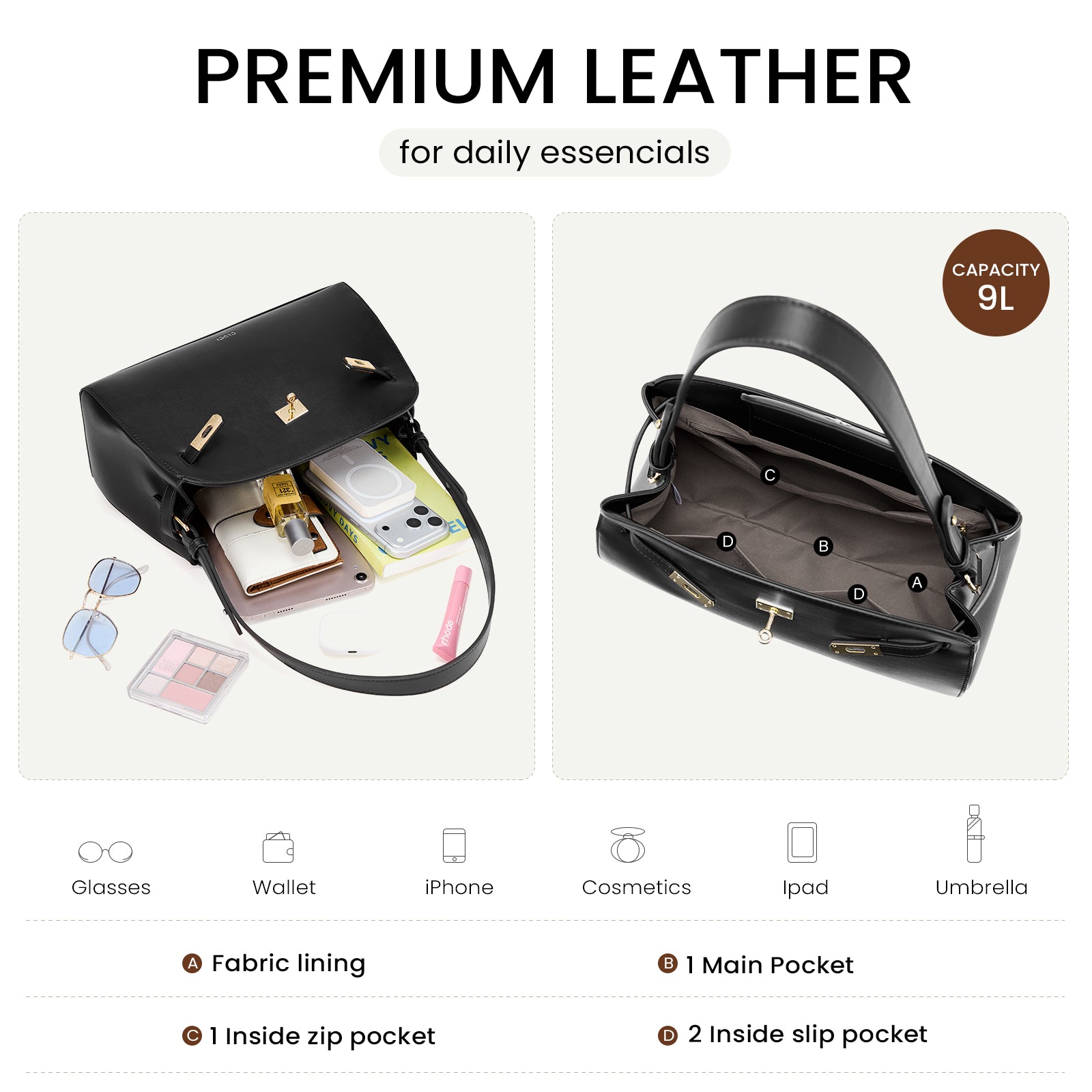Water Repellent Shoulder Handbags with 2 Adjustable Straps Leather Crossbody Bag