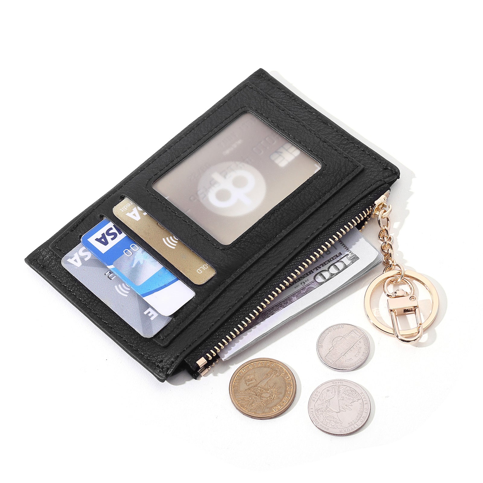 CLUCI Womens Small Leather Wallet Coin Slim Zipper Pocket Credit Card Holder with Keychain