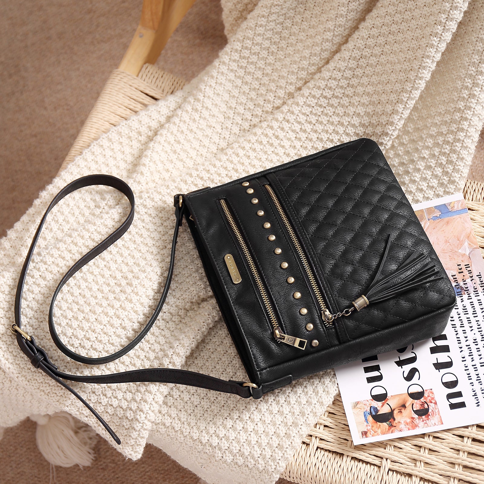 Leather Messenger Tassel Bag Multiple Pockets