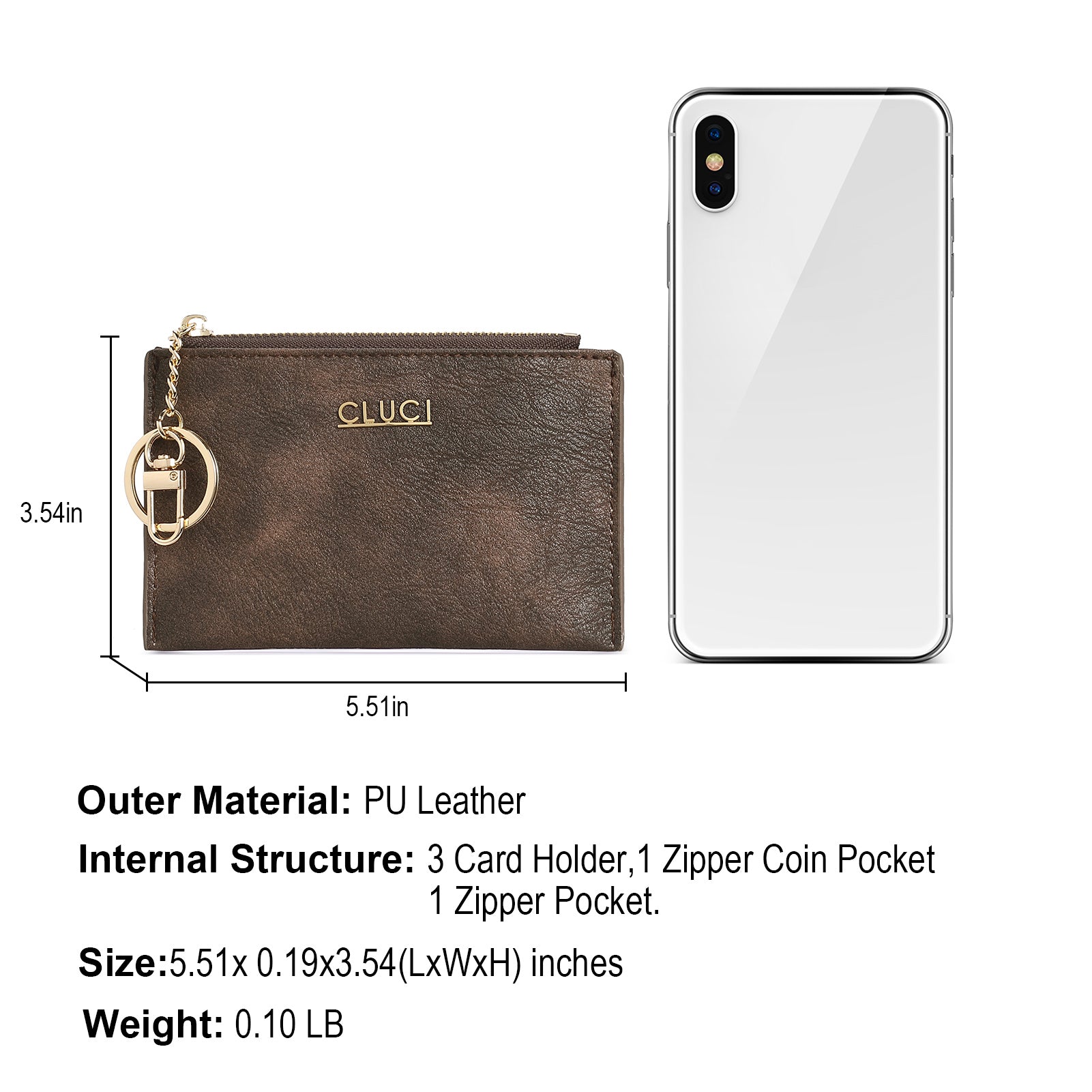 CLUCI Womens Small Leather Wallet Coin Slim Zipper Pocket Credit Card Holder with Keychain