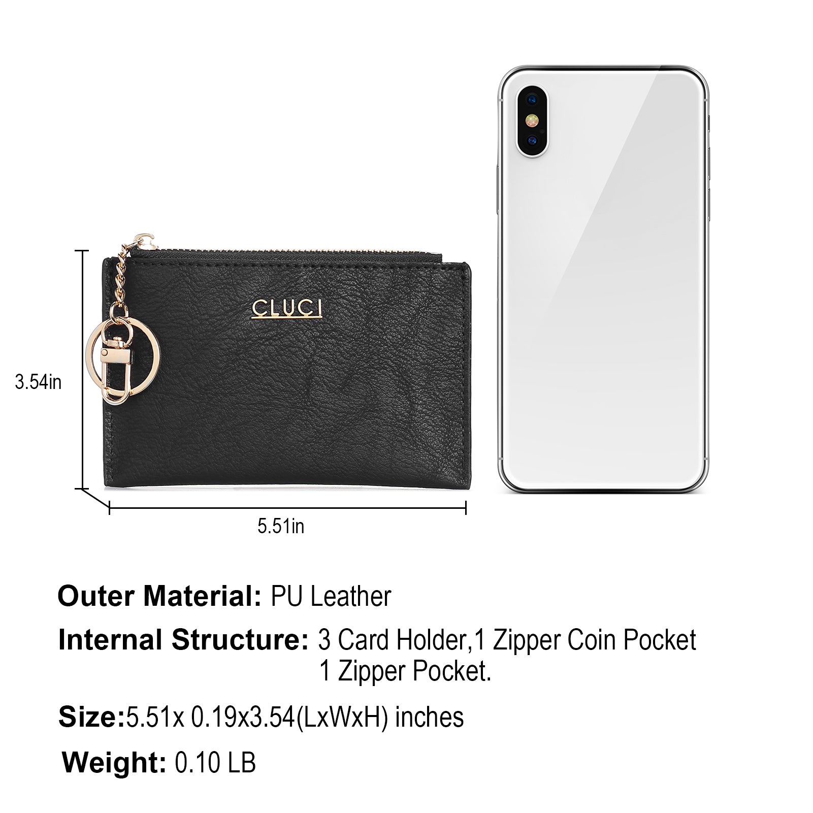 CLUCI Womens Small Leather Wallet Coin Slim Zipper Pocket Credit Card Holder with Keychain