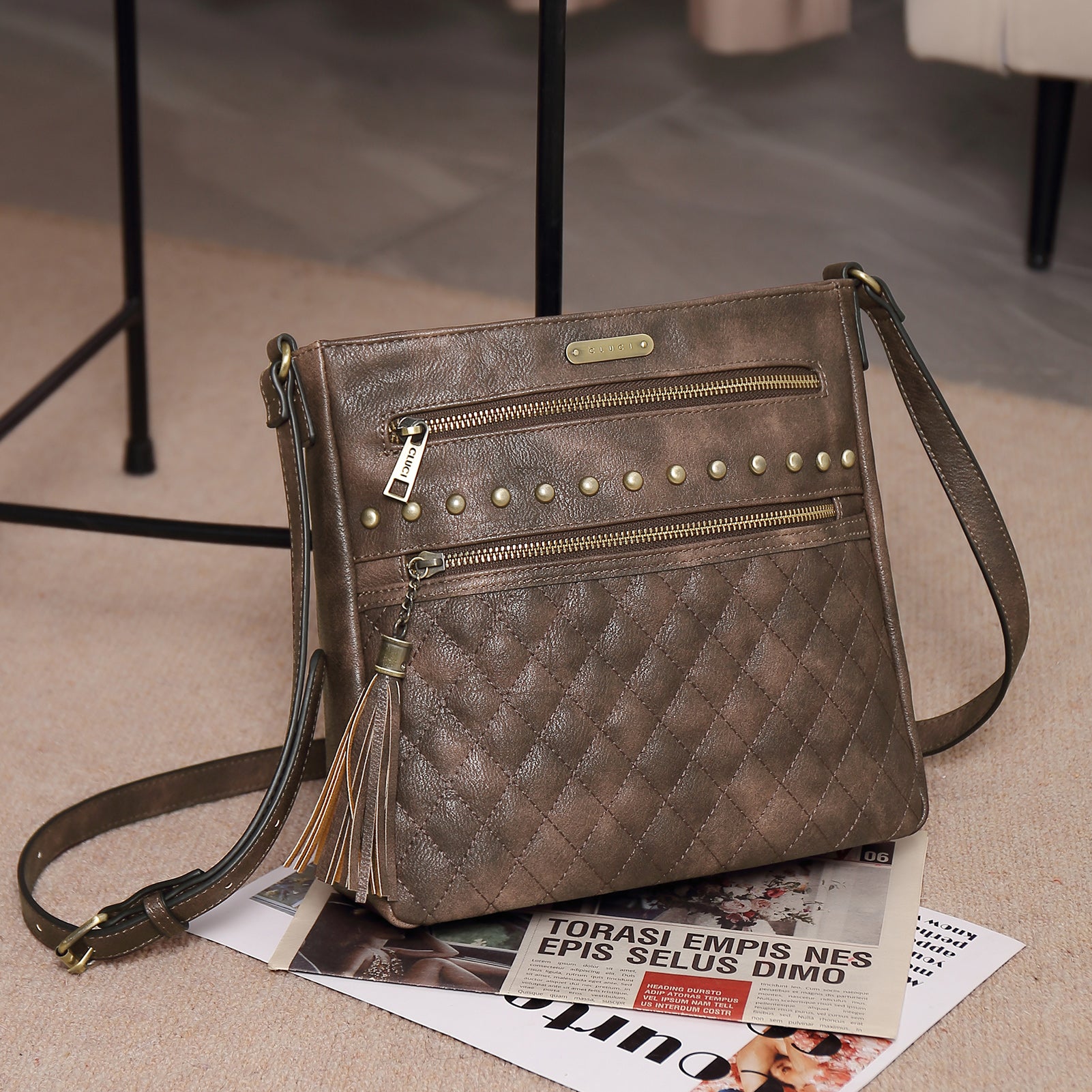 Leather Messenger Tassel Bag Multiple Pockets