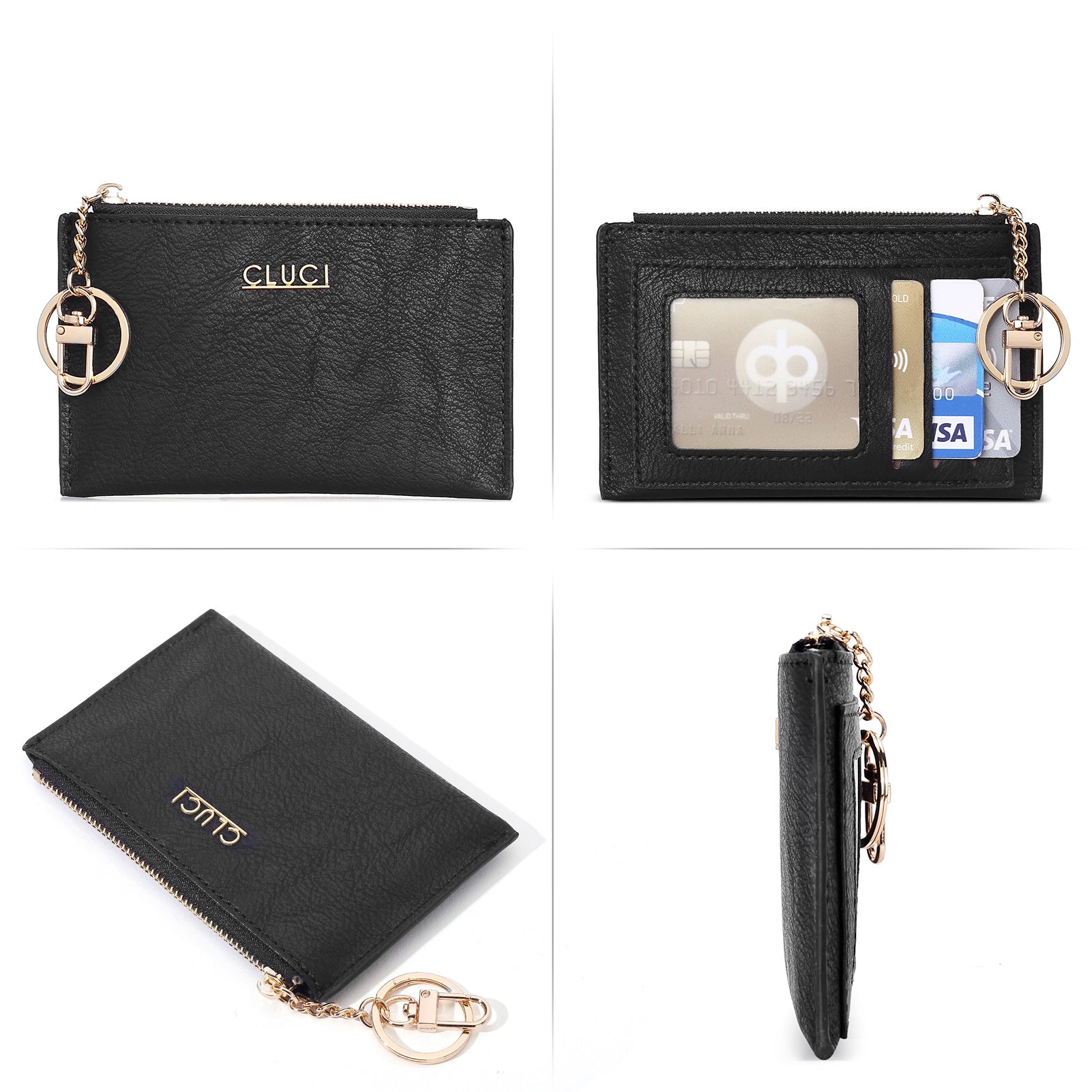CLUCI Womens Small Leather Wallet Coin Slim Zipper Pocket Credit Card Holder with Keychain