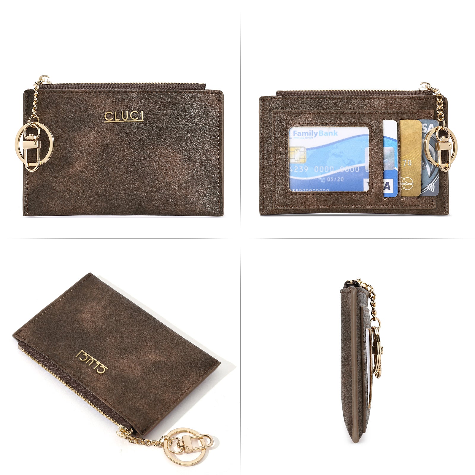 CLUCI Womens Small Leather Wallet Coin Slim Zipper Pocket Credit Card Holder with Keychain
