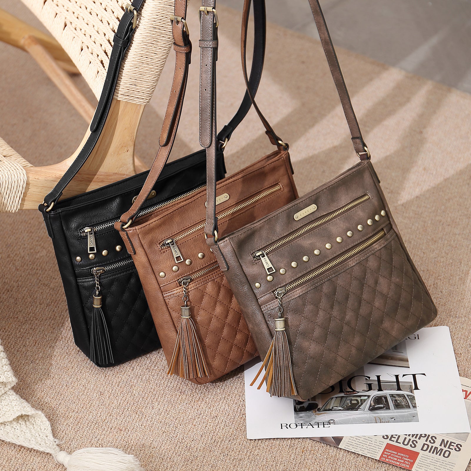 Leather Messenger Tassel Bag Multiple Pockets