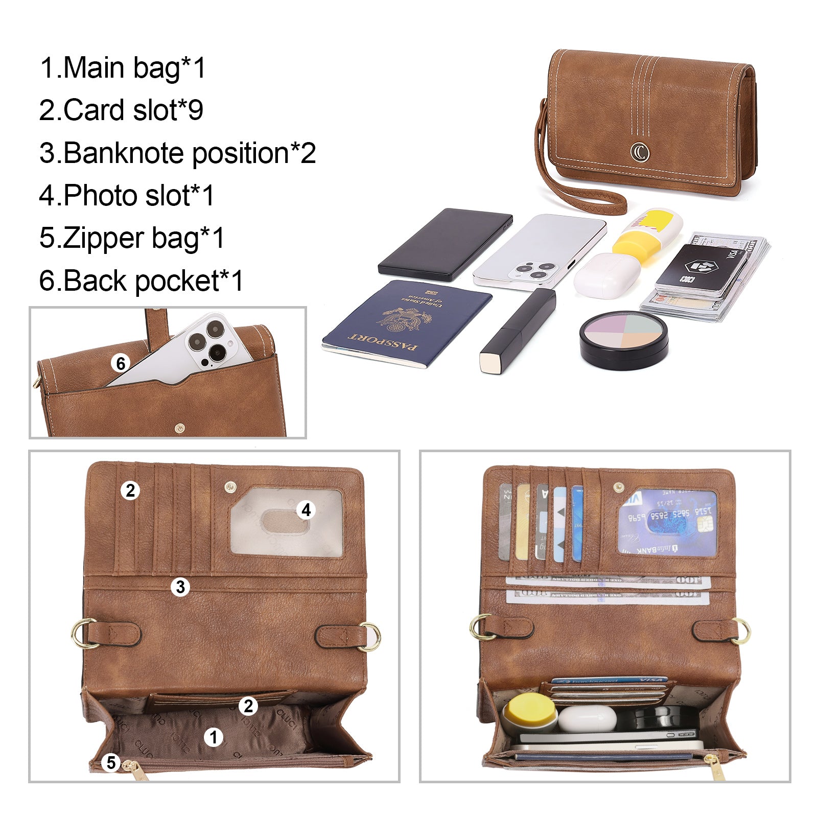 CLUCI Crossbody Purse for Women, Wristlet Wallet, Small Shoulder Bag with Card Slots, Leather Flap Cell phone Clutch