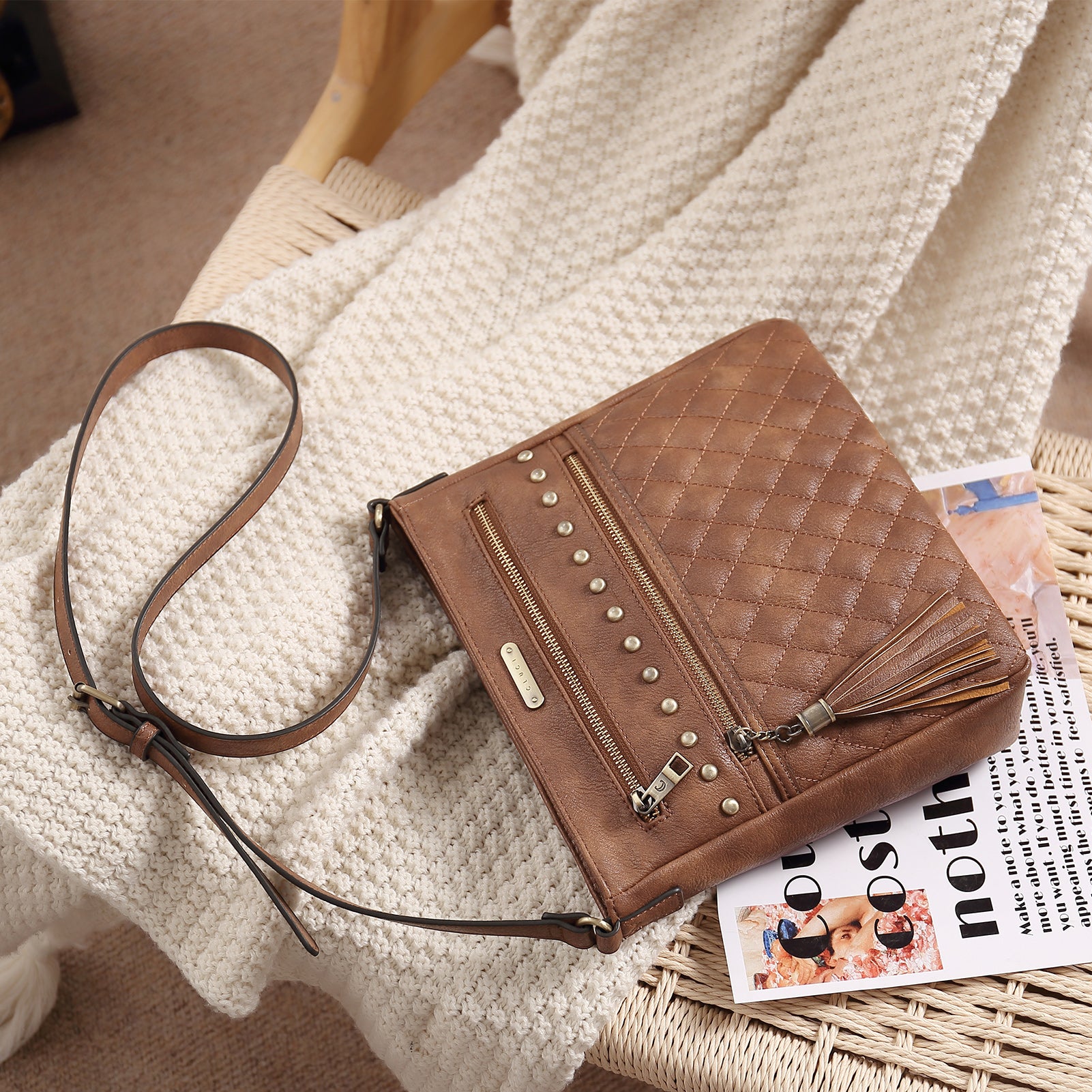 Leather Messenger Tassel Bag Multiple Pockets