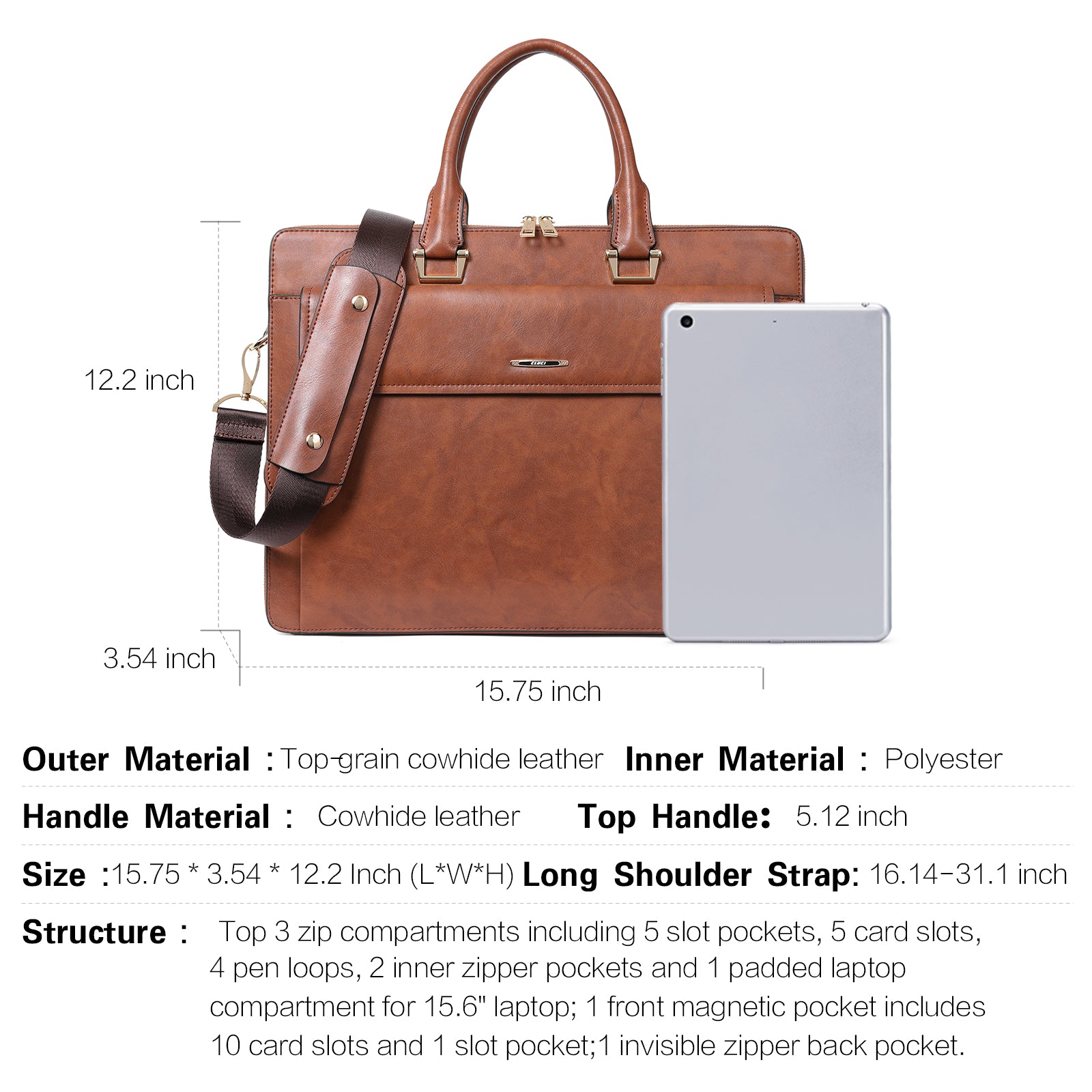 Davison Womens Slim Leather Briefcase  Carry 15.6 Inch Laptop