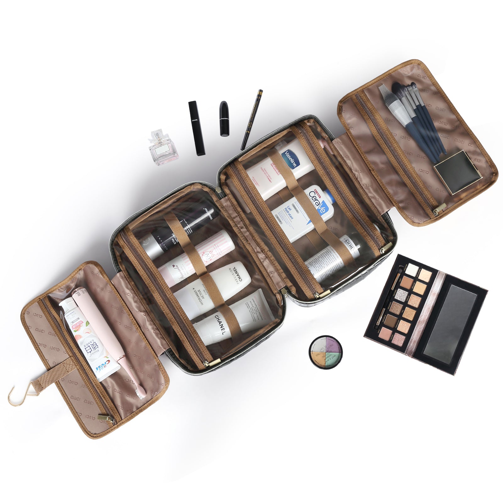 CLUCI Toiletry Bag for women / men Leather Travel Bag Water-resistant Large Makeup Cosmetic Bag Travel Organizer for Accessories with Hanging Hook, Full Sized Container, Toiletries