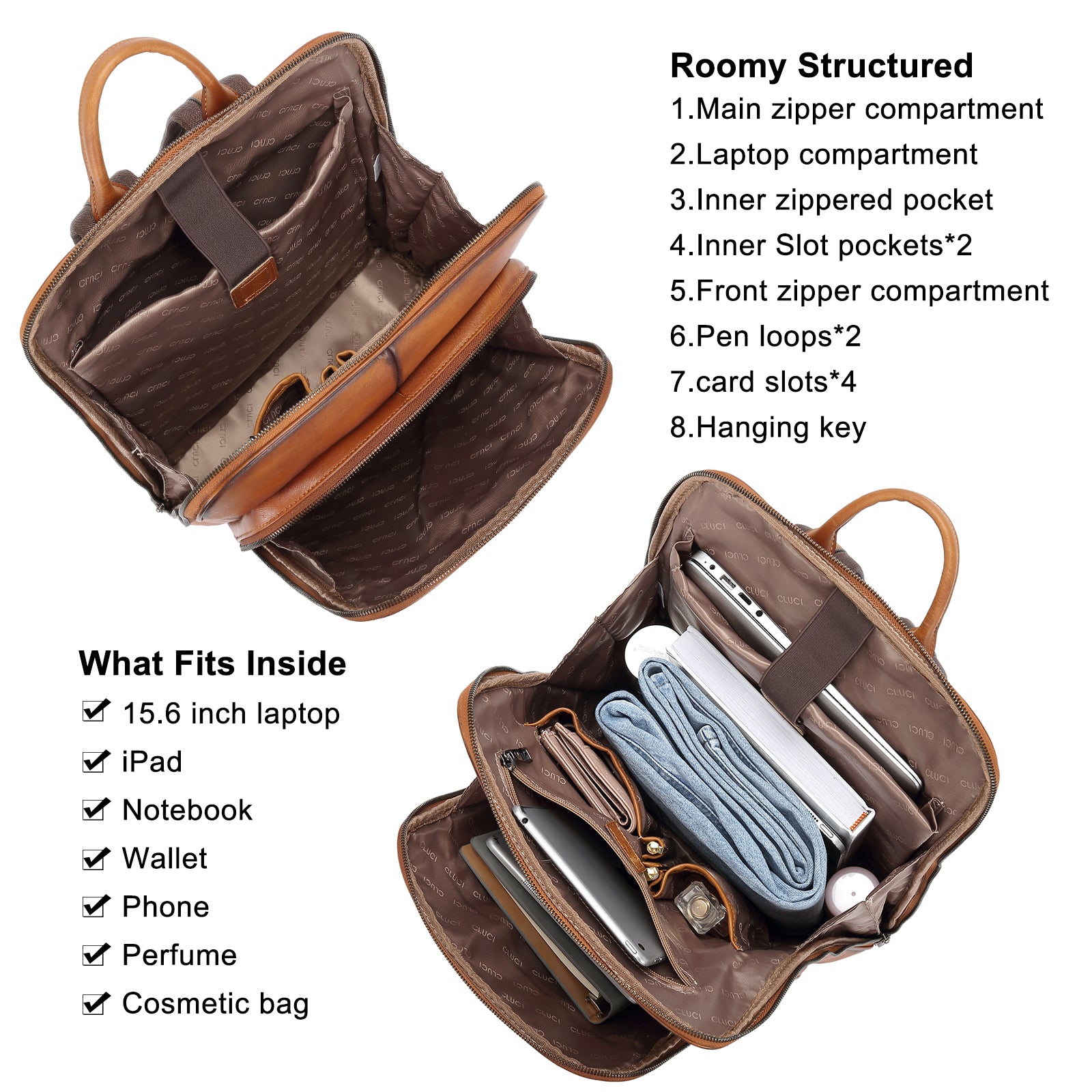 CLUCI Women Laptop Backpack Purse Vegetable Tanned Full Grain Leather 15.6 inch Computer Bag Business Casual Travel Daypack
