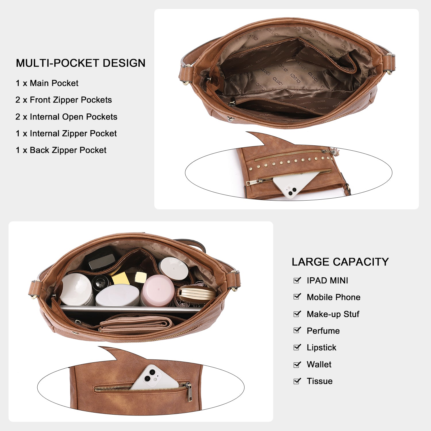 Leather Messenger Tassel Bag Multiple Pockets