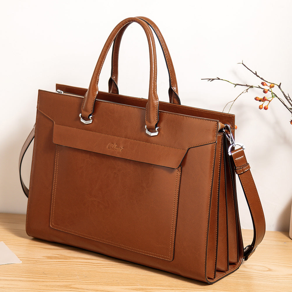 CLUCI Leather Briefcase for Women Vintage Laptop 15.6 Inch Slim Large Business Ladies Work Shoulder Bag