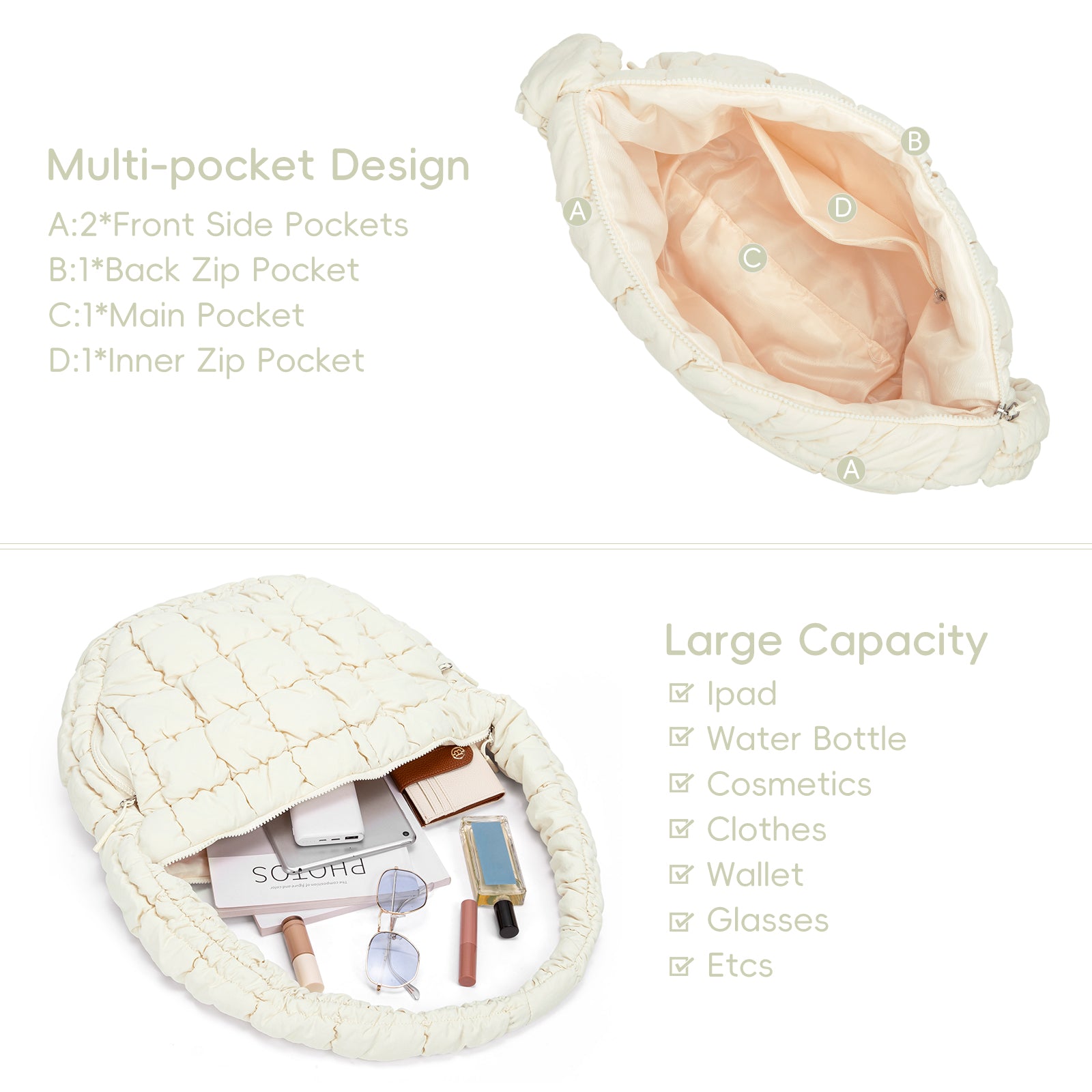 CLUCI Large Lightweight Quilted  Puffer Tote Bag for Women