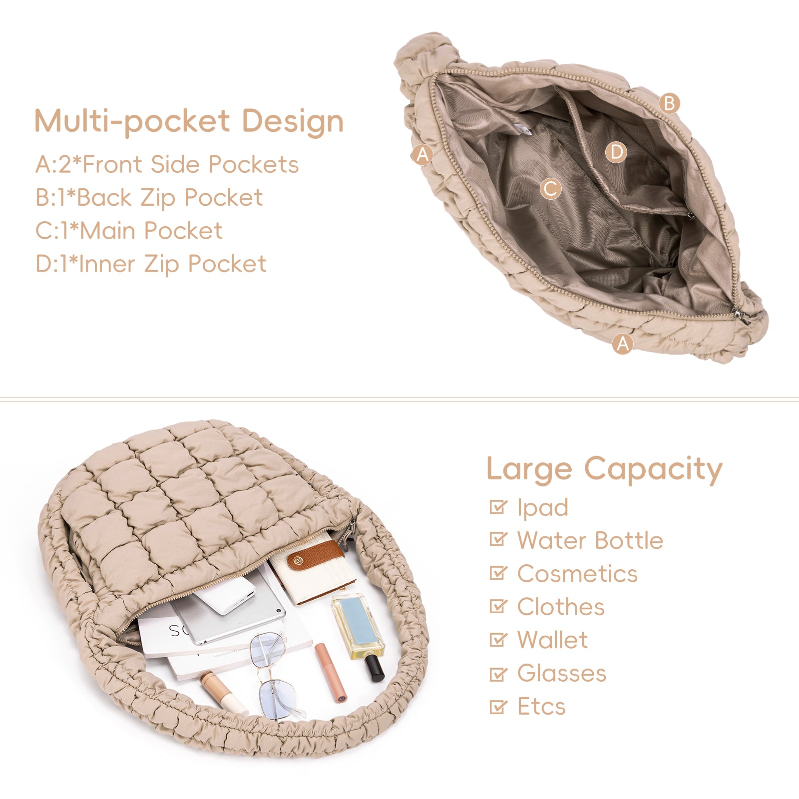 CLUCI Large Lightweight Quilted  Puffer Tote Bag for Women