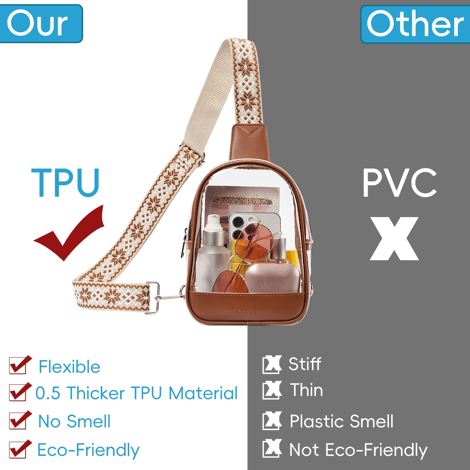CLUCI Clear Bag for Stadium Events, Clear Crossbody Bag Purses for women stadium Transparent, Concerts Sports
