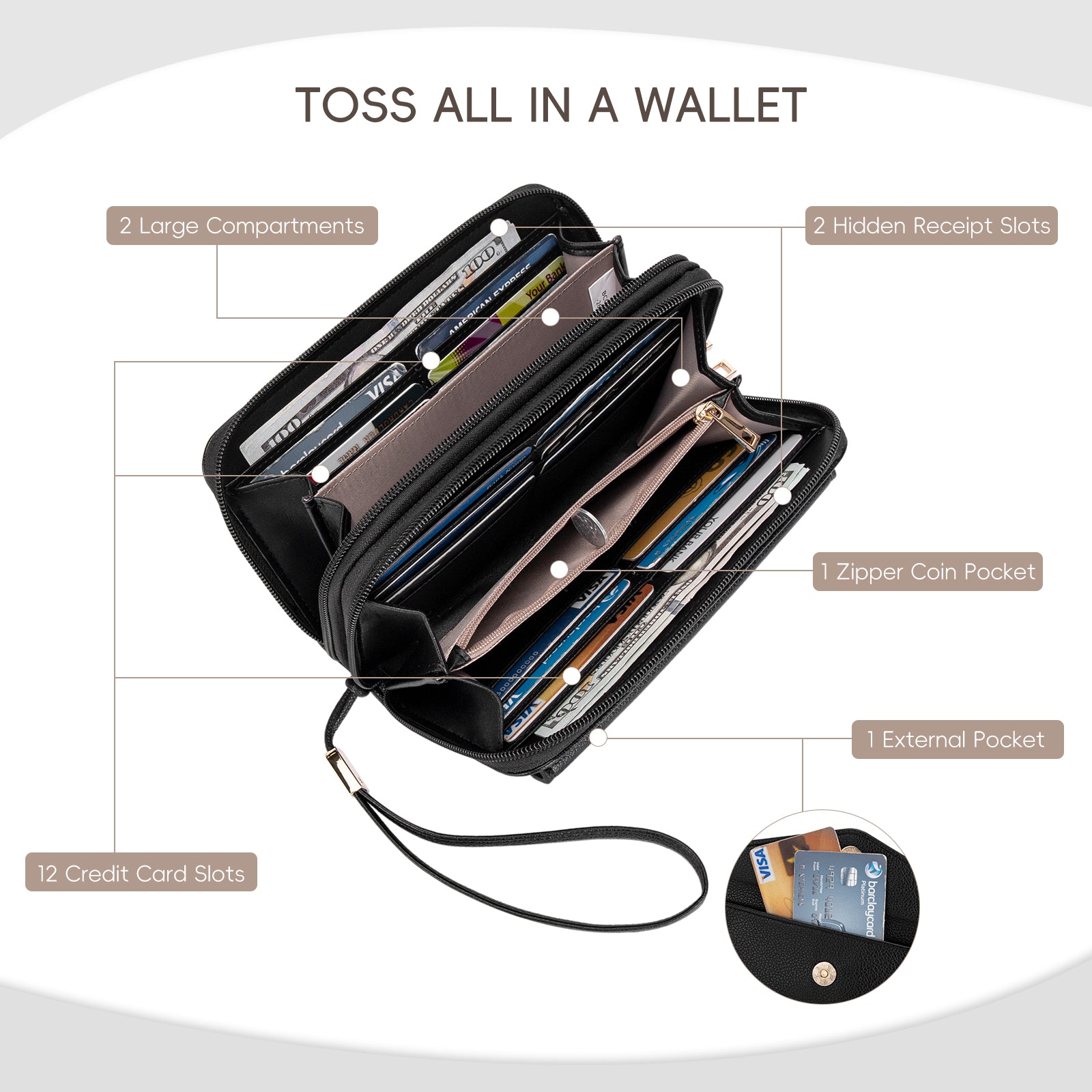 CLUCI Wallet Women Large Capacity Wristlet Purse for Women Long Ladies Wallet RFID Blocking Multi Credit Card Holder