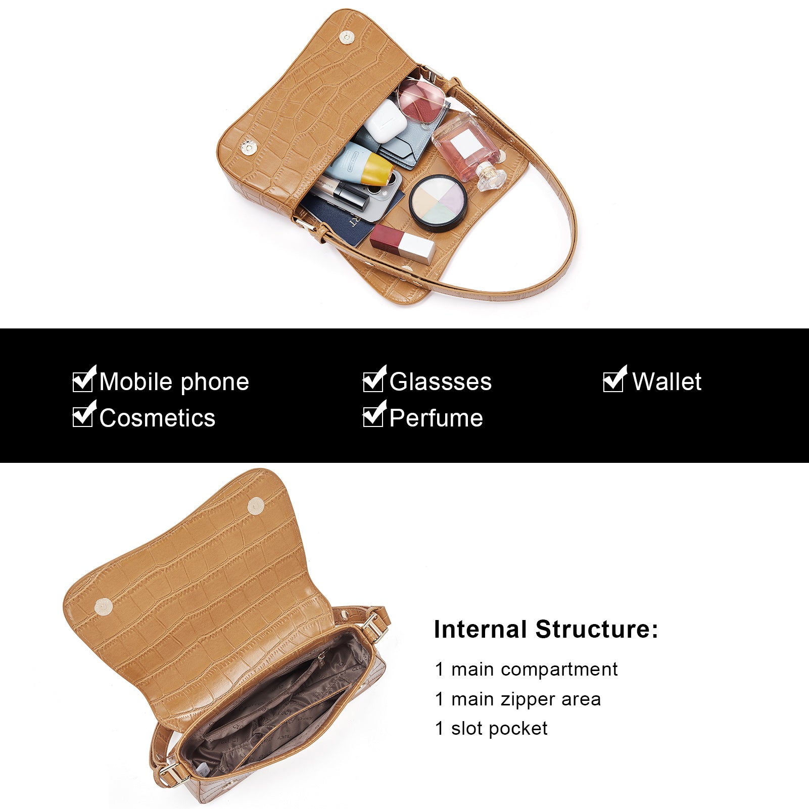 CLUCI Leather Shoulder Baguette Bags for Women