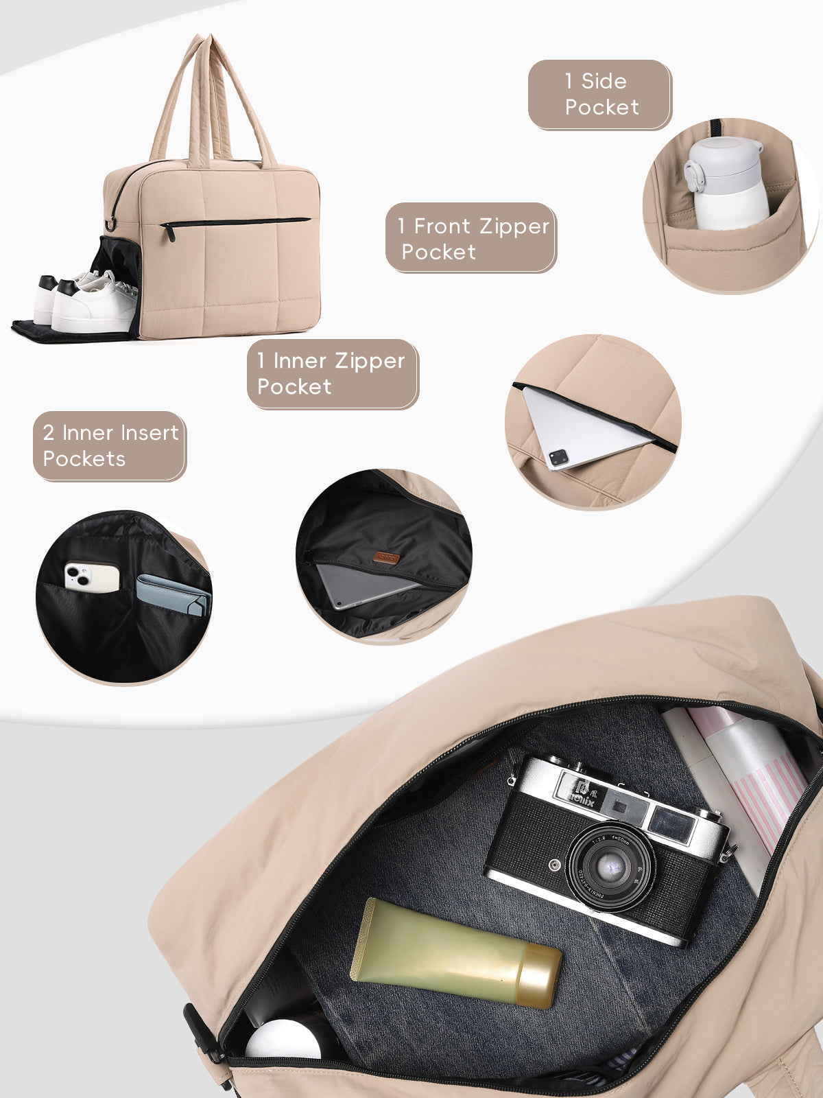 CLUCI Weekender Travel Bag for Women Puffer Tote Bag Carry On Duffle Overnight Bags with Shoe Compartment Black