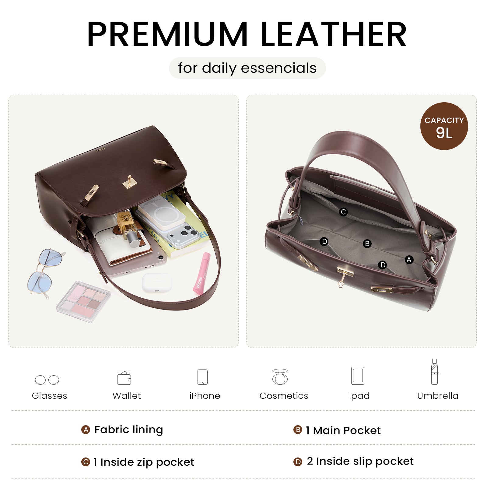 Water Repellent Shoulder Handbags with 2 Adjustable Straps Leather Crossbody Bag