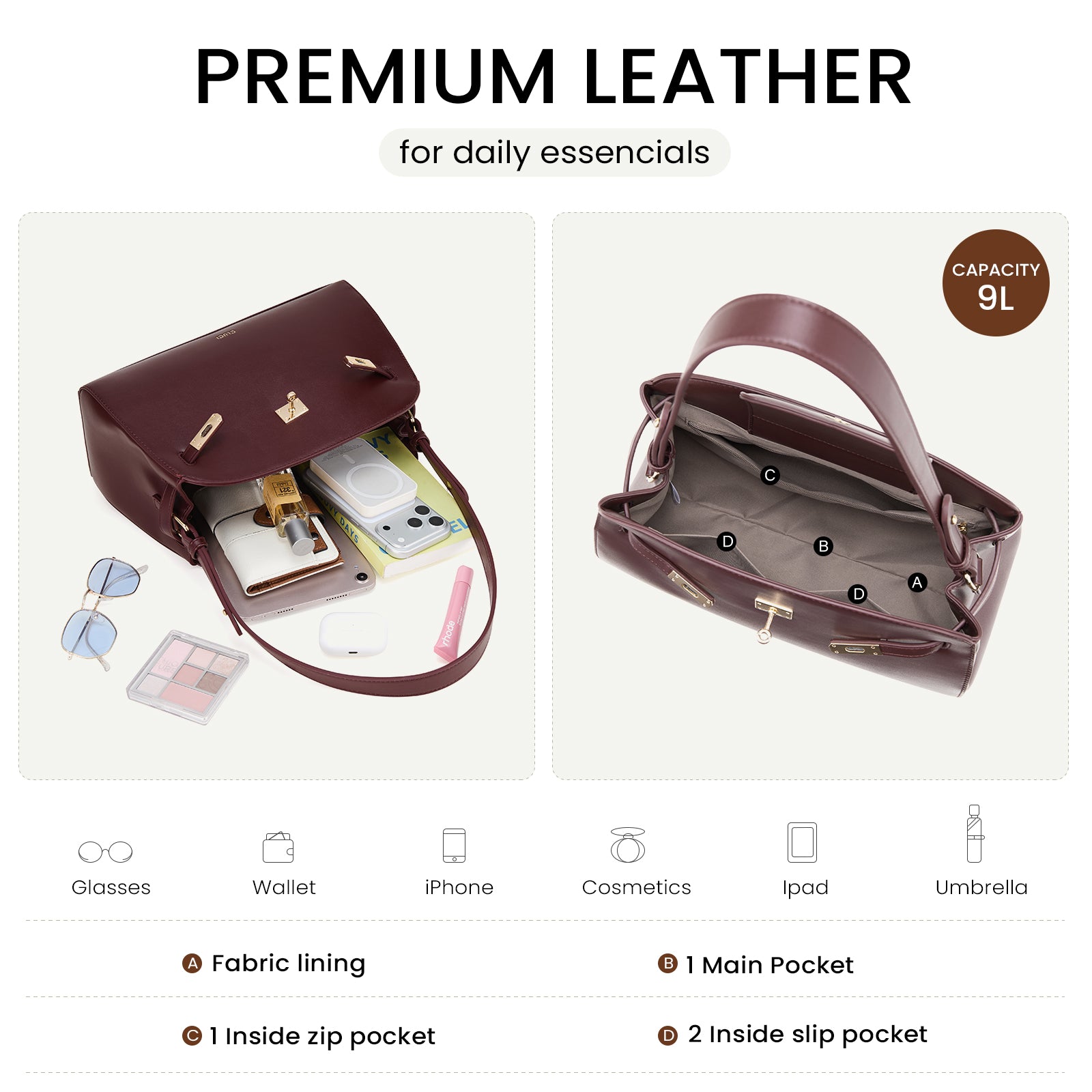 Water Repellent Shoulder Handbags with 2 Adjustable Straps Leather Crossbody Bag