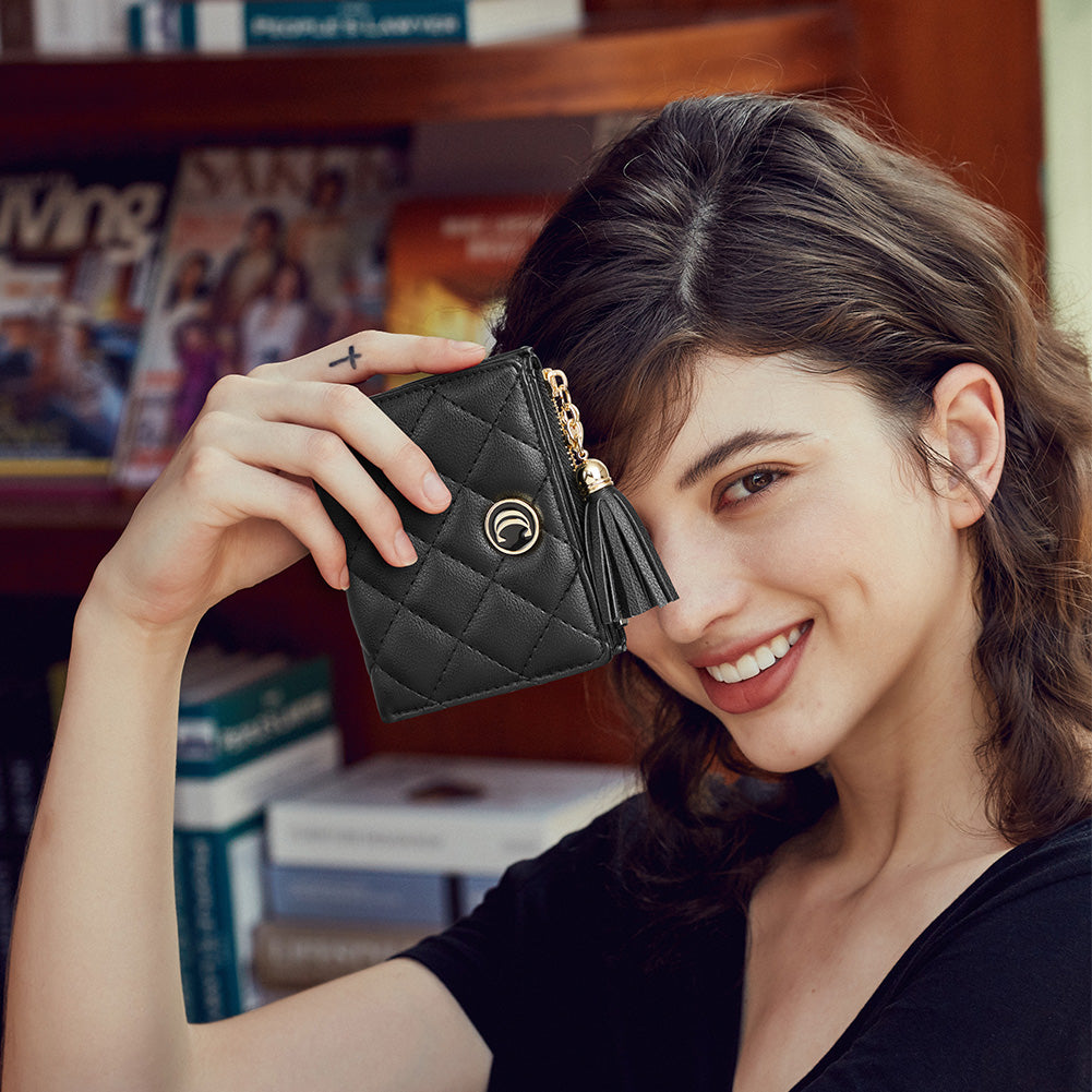 CLUCI Vegan Leather Wallets for Women Small Credit Card Holder Ladies Compact Coins Zipper Pocket with Tassel Black With Brown