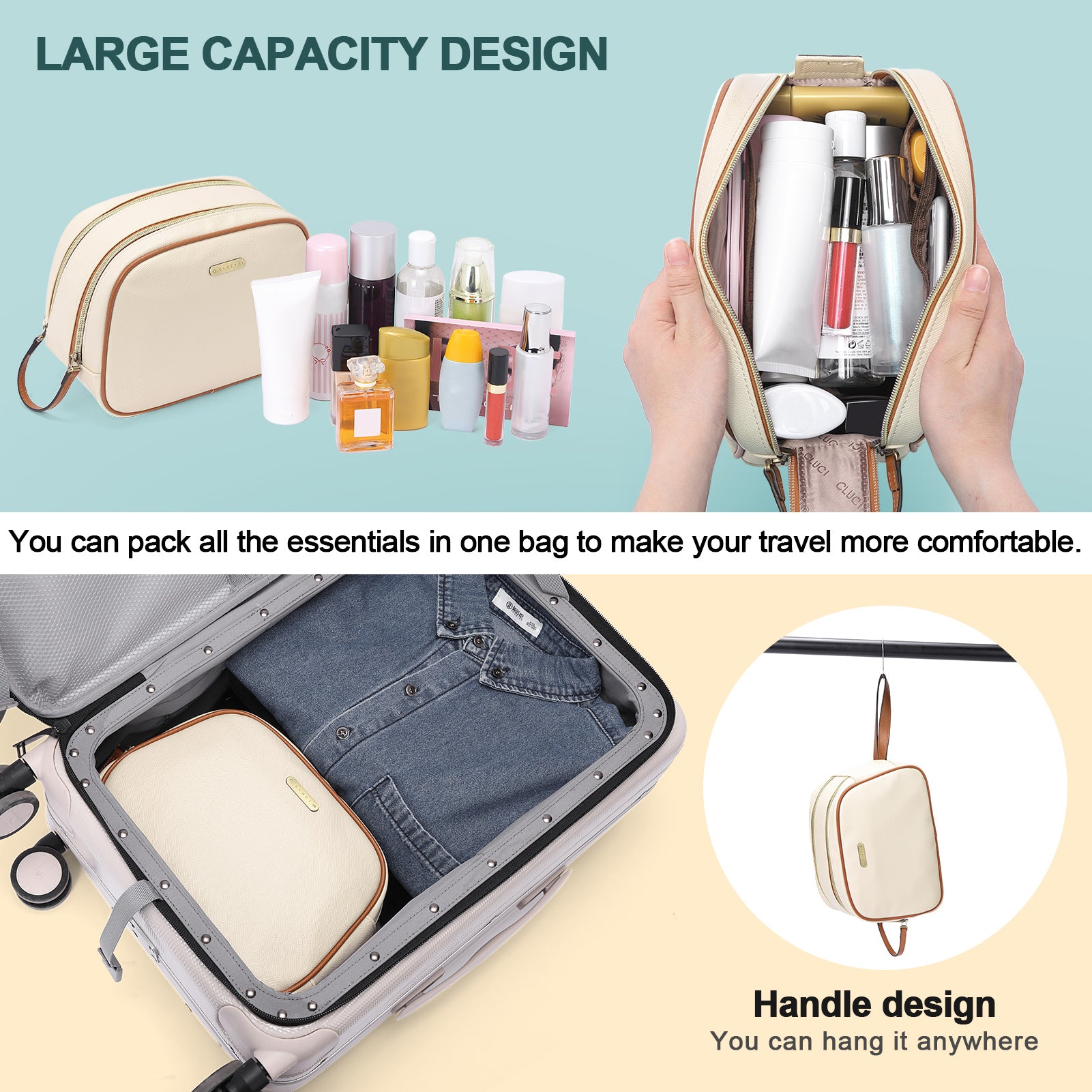 CLUCI Small Travel Essentials Makeup Bag Toiletry Bag For Women Cosmetic Bag for Full Sized Toiletries College Dorm Room Essentials For Girls