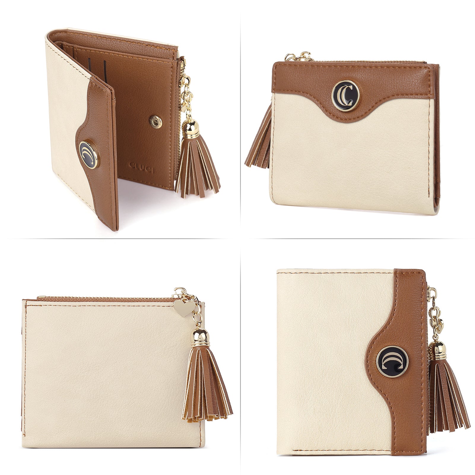 CLUCI Vegan Leather Wallets for Women Small Credit Card Holder Ladies Compact Coins Zipper Pocket with Tassel Black With Brown