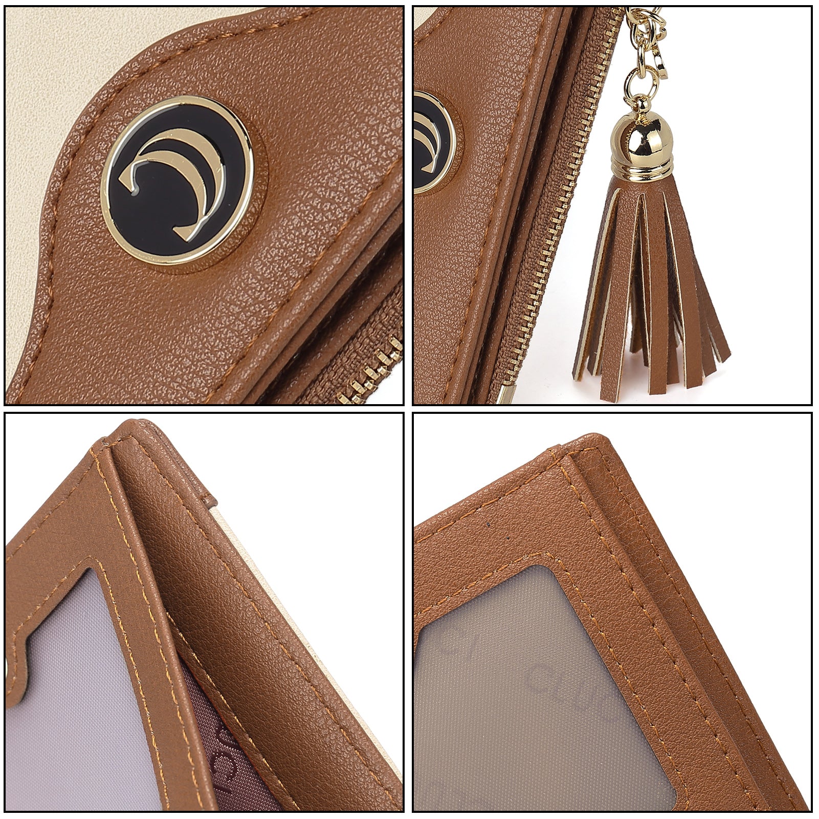 CLUCI Vegan Leather Wallets for Women Small Credit Card Holder Ladies Compact Coins Zipper Pocket with Tassel Black With Brown