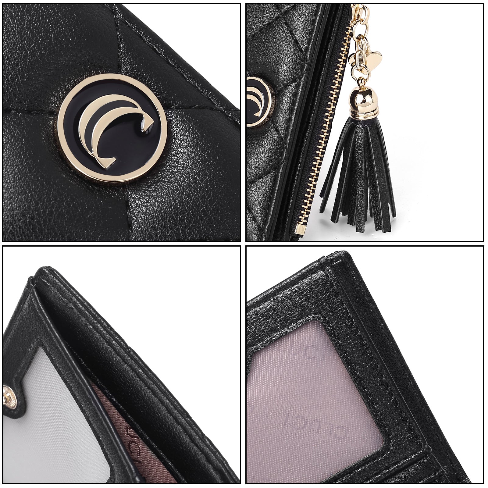 CLUCI Vegan Leather Wallets for Women Small Credit Card Holder Ladies Compact Coins Zipper Pocket with Tassel Black With Brown