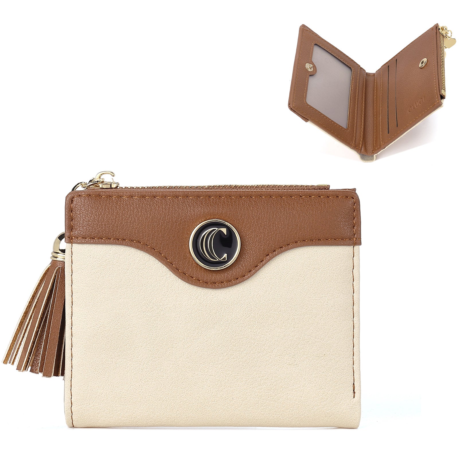 CLUCI Vegan Leather Wallets for Women Small Credit Card Holder Ladies Compact Coins Zipper Pocket with Tassel Black With Brown