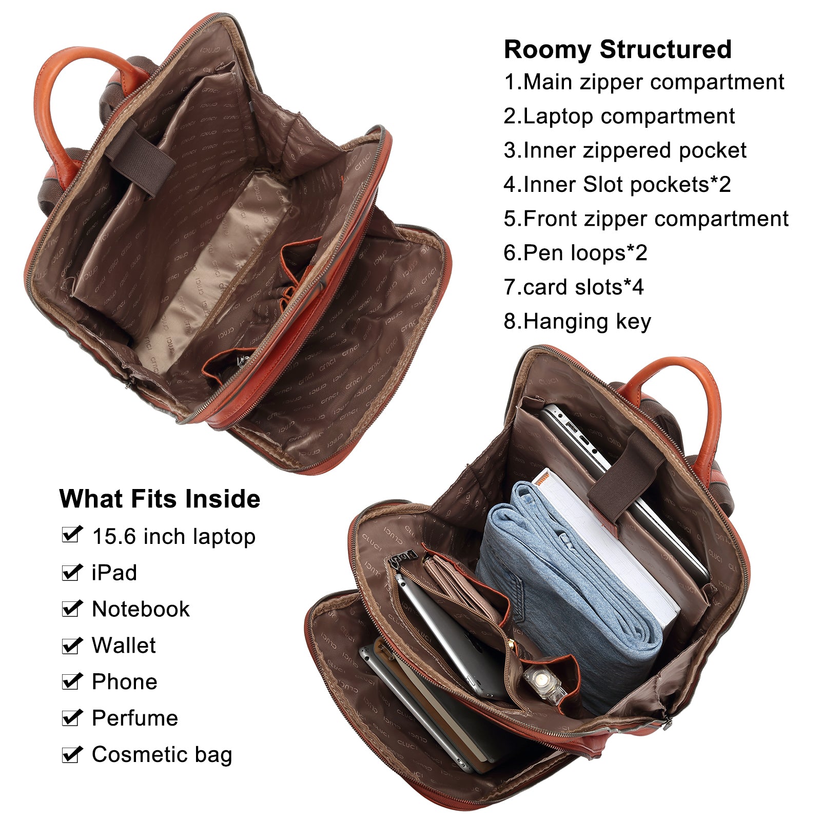 CLUCI Women Laptop Backpack Purse Vegetable Tanned Full Grain Leather 15.6 inch Computer Bag Business Casual Travel Daypack