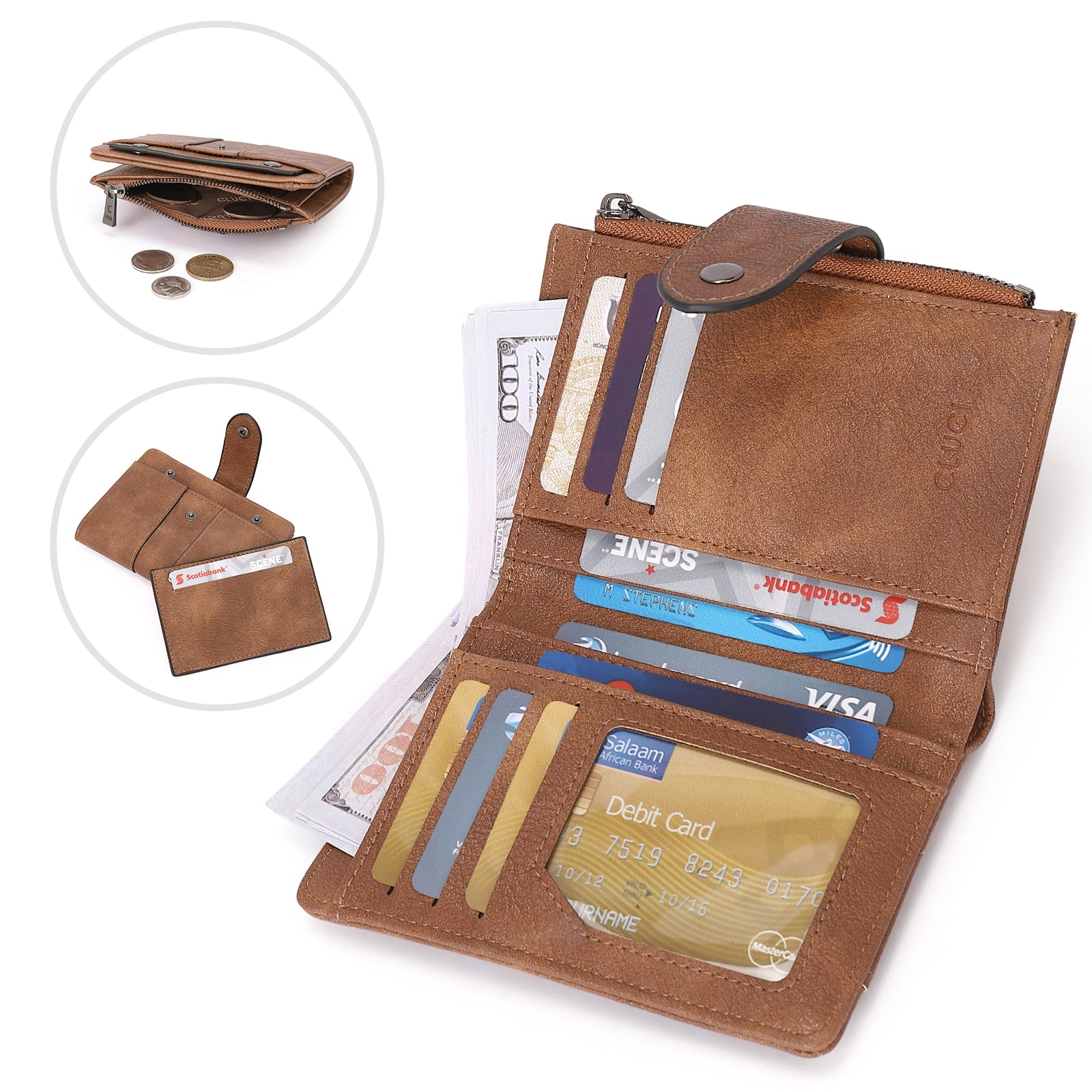 CLUCI Small Wallet for Women Leather Bifold Multi Mini Card Holder Organizer Designer Ladies Zipper Coin with Removable ID Window