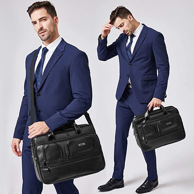 CLUCI Briefcases for Men Leather 15.6 inch Laptop Bag Large Capacity Expandable Business Work Shoulder Messenger Bag Black